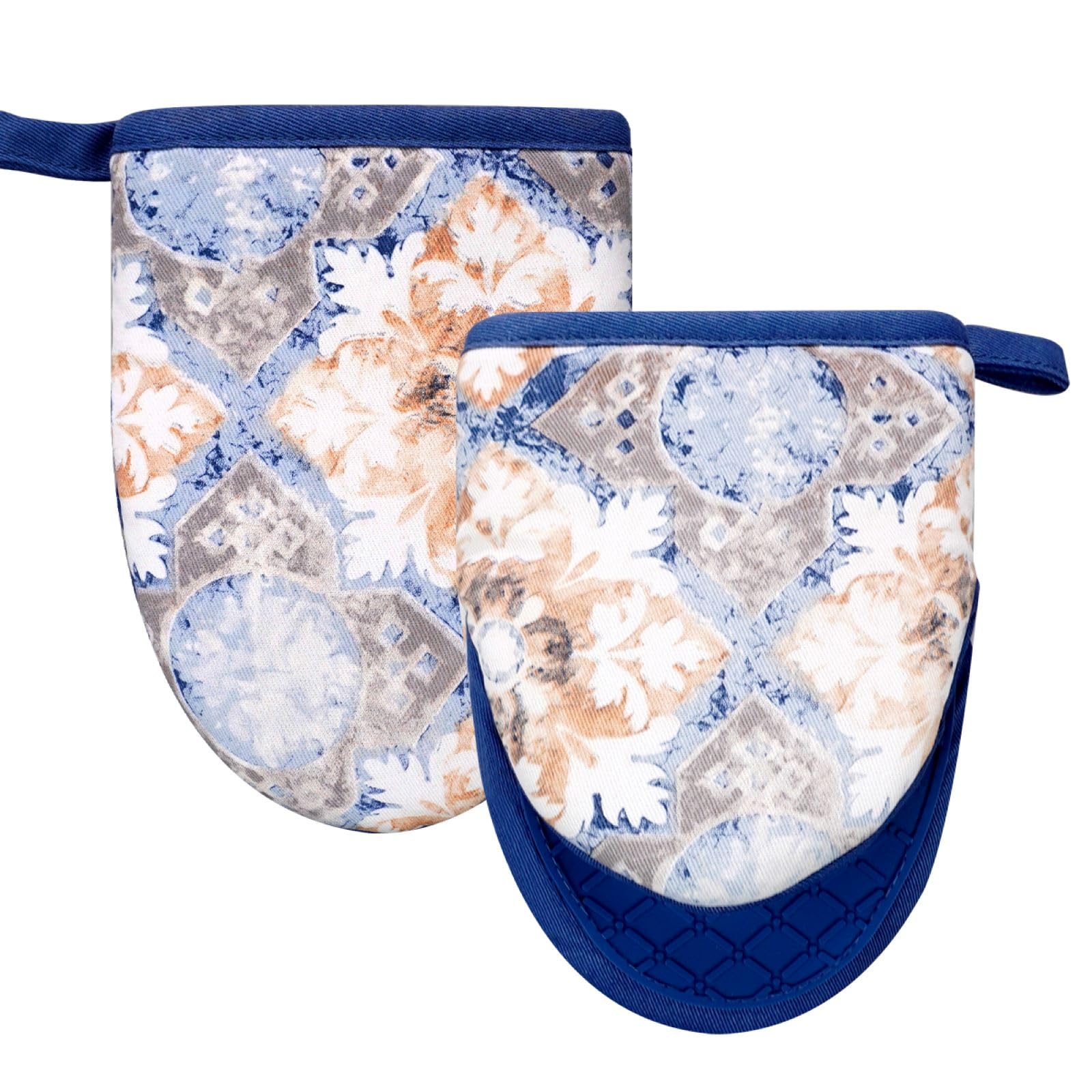 Heat Resistant Mini Silicone Oven Mitts Set of 2 - Non-Slip Vintage Floral Kitchen Gloves for Safe Cooking & Baking - Flexible Thick Pot Holders for Stoves, Grills & Ovens (Dusty Blue)