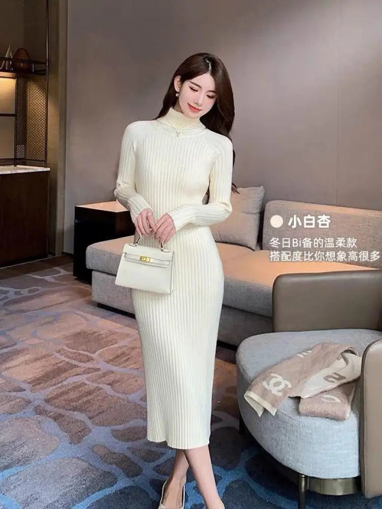 Women's White & Black Knit Sweater Dress - Long Sleeve Turtleneck Wrap Hip Dress for Fall Winter | Casual Office Wear & Holiday Outfit
