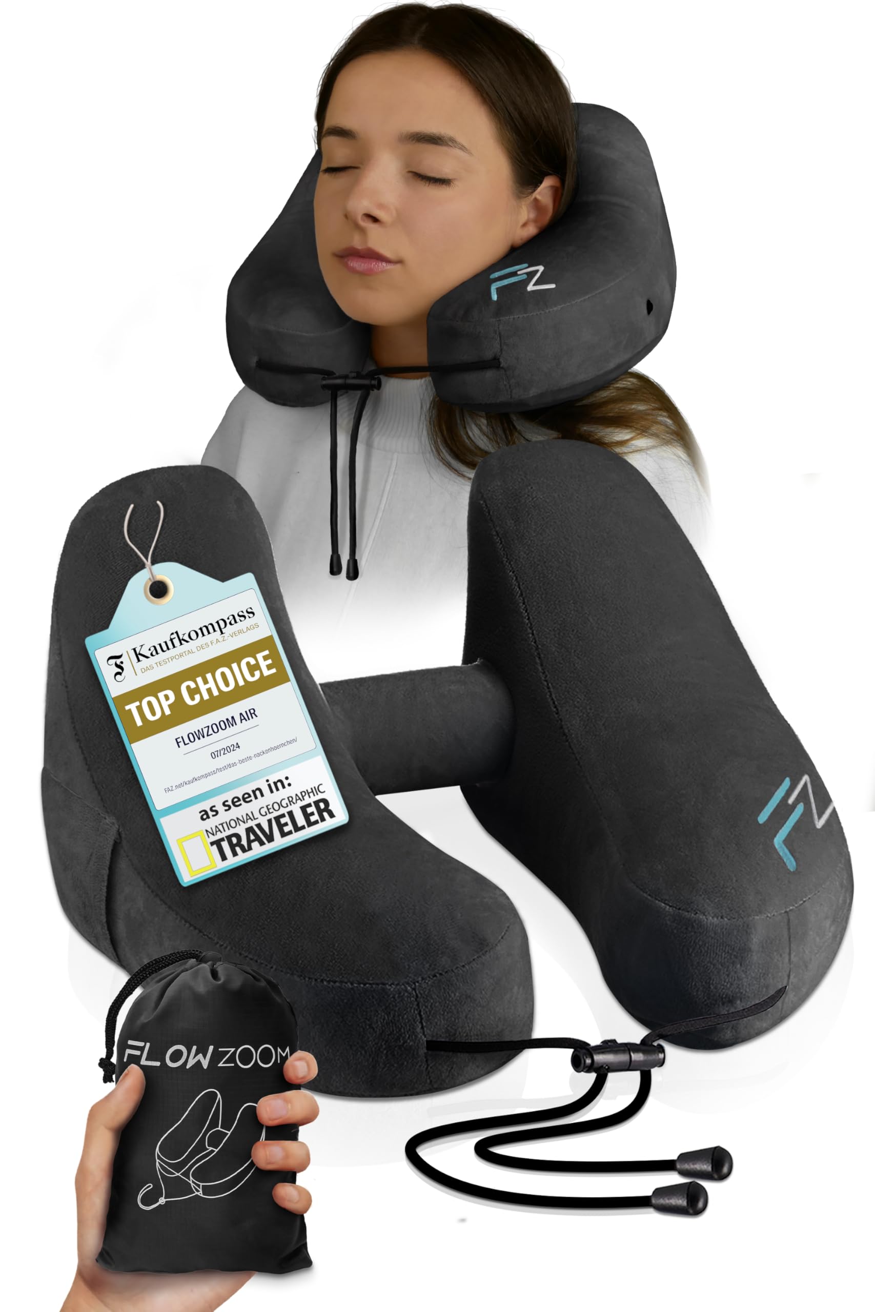 **Inflatable Travel Pillow for Airplanes - Adjustable Hooded Neck Pillow for Long Flights - Jet Black Size L - Perfect for Business Travel, Road Trips & Camping**