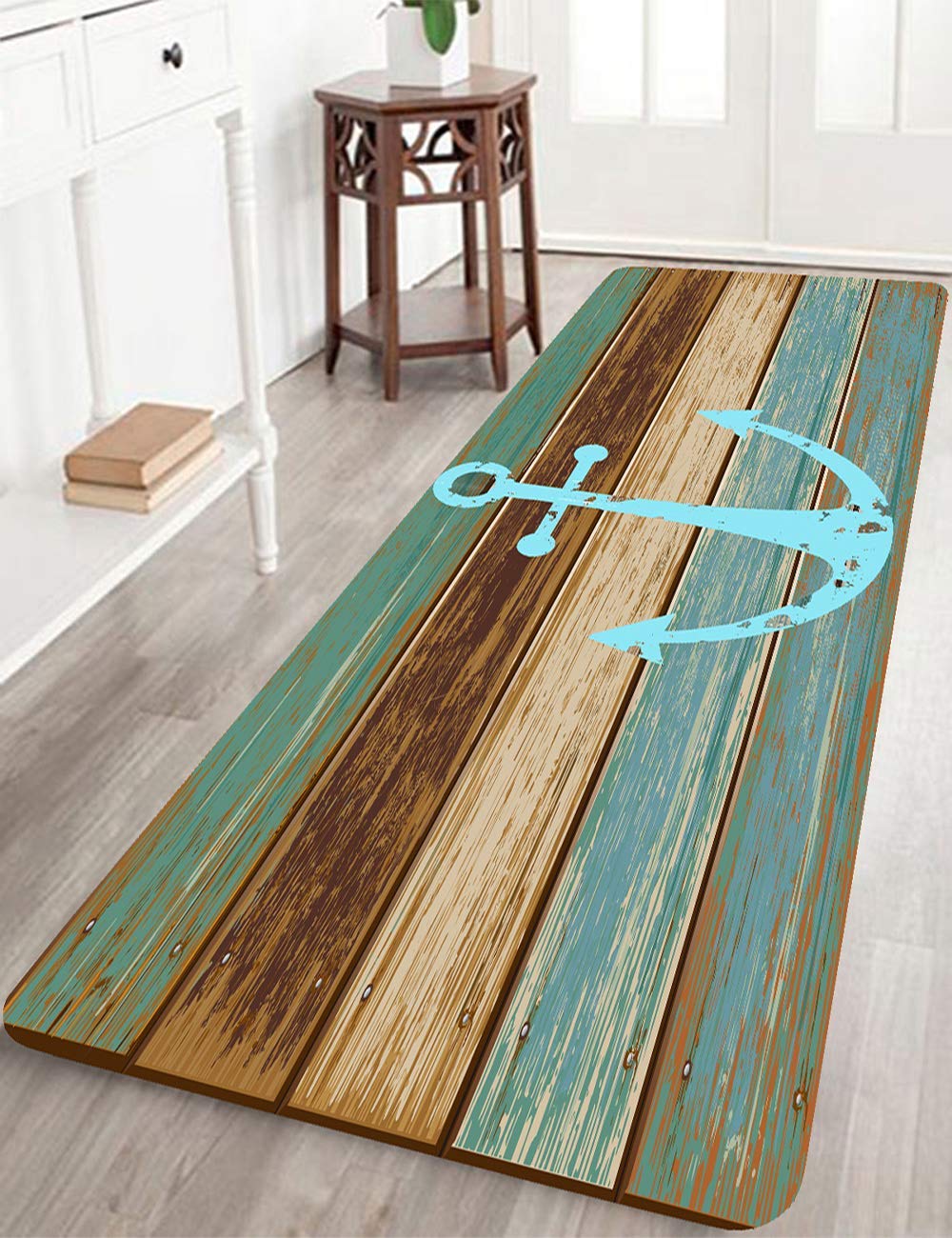 Non-Slip Absorbent Bathroom and Kitchen Rugs - 24x71 Inch Soft Flannel Bath Mats with Nautical Anchor Design in Turquoise/Brown - Perfect for Bathroom, Kitchen, Hallway, and Entryway Floor Protection