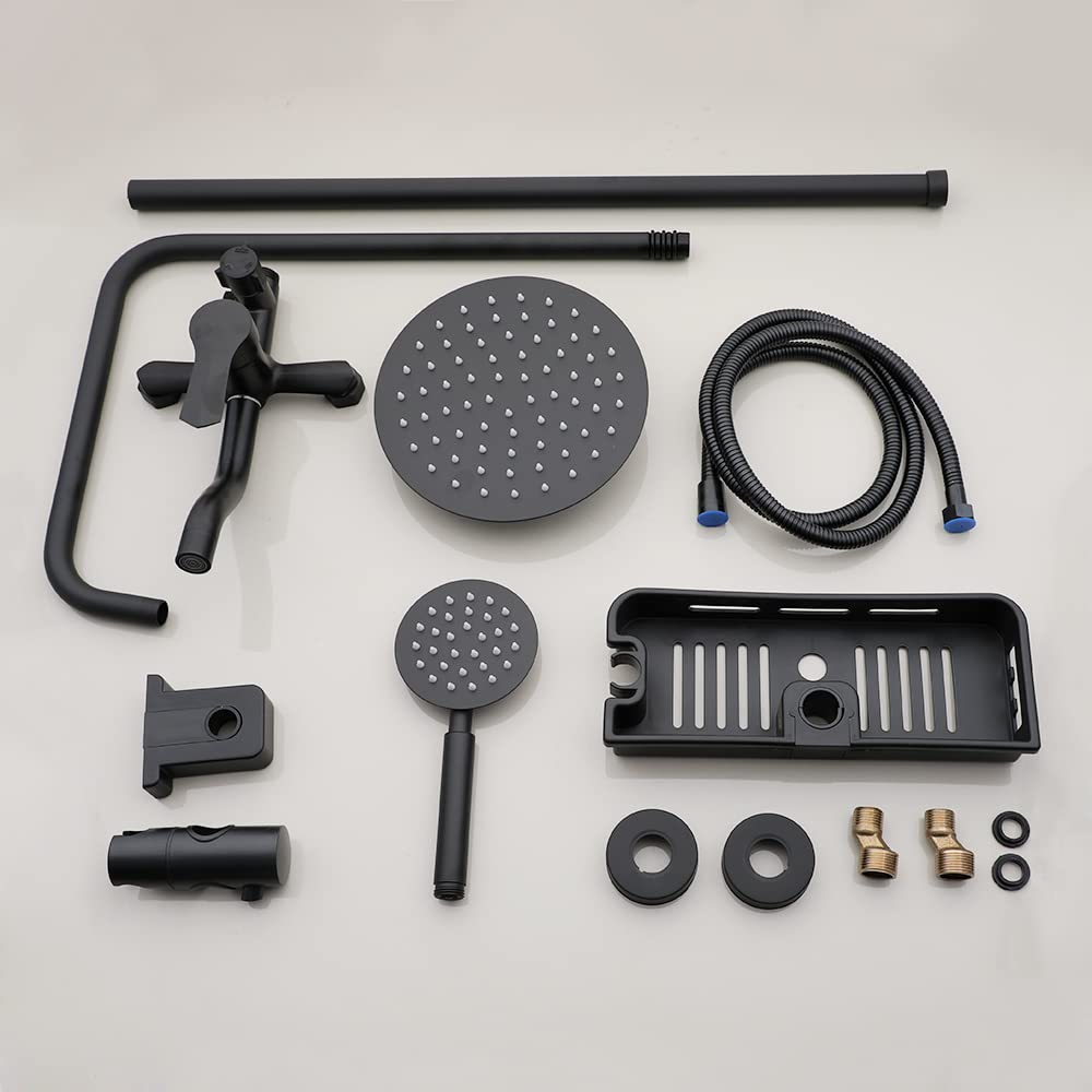 KECTIAKL Matte Black Outdoor Shower System - 8 Inch Rainfall Shower Head with 3 Spray Modes, Wall Mounted Bathroom Shower Fixtures Set Including Shower Caddy - Perfect for Backyard, Poolside, and RV Use