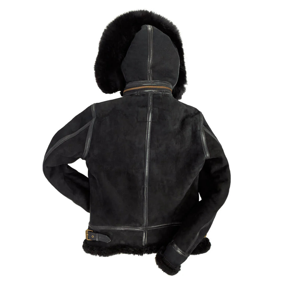 Cockpit USA Women's Hooded B-3 Bomber Jacket - Genuine Shearling Leather Aviator Jacket, Black, Winter Warm Coat for Outdoor Activities & Aviation Enthusiasts