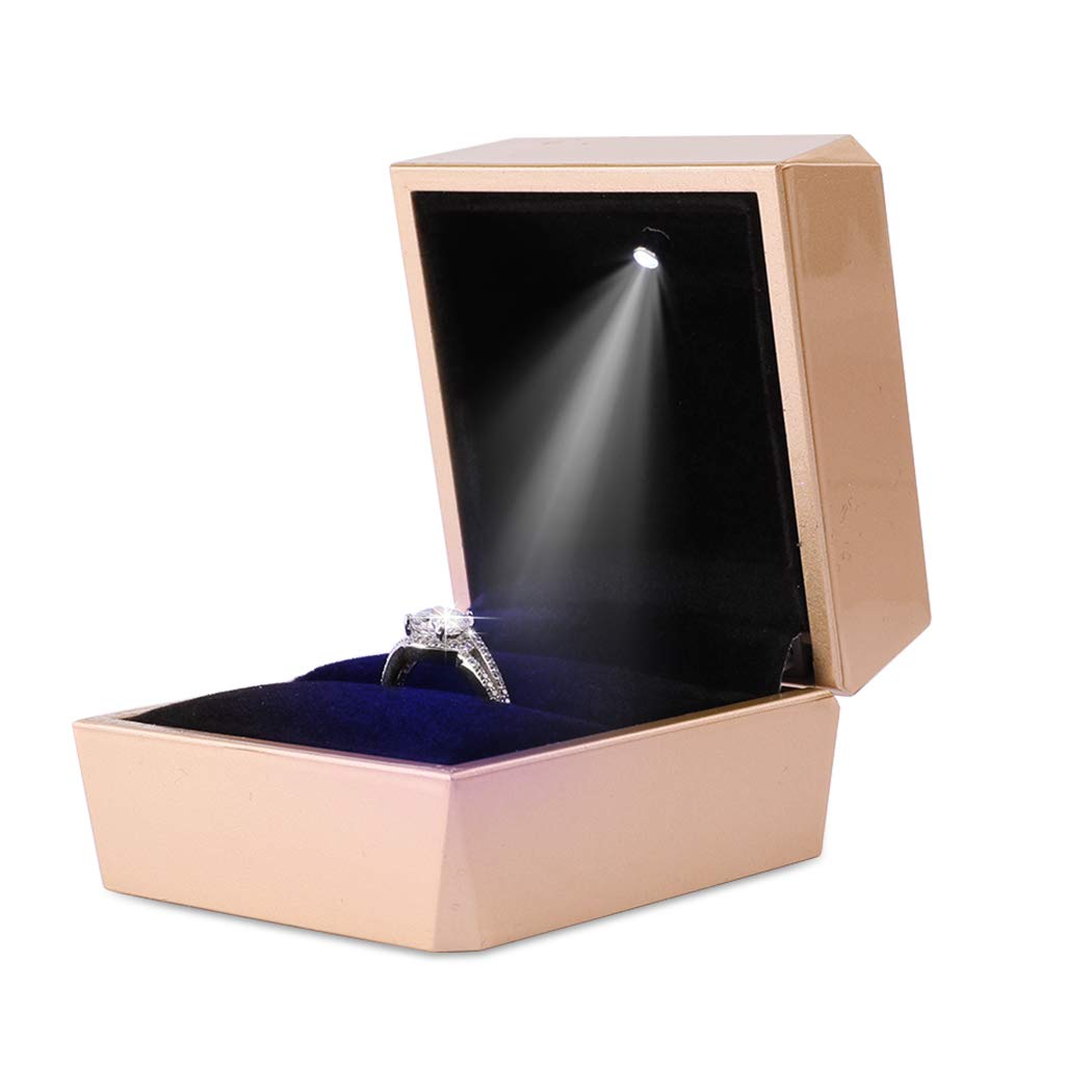 iSuperb LED Light Square Ring Box - Elegant Jewelry Gift Box for Engagement, Wedding & Anniversary Proposals (Golden) | Perfect for Romantic Surprises & Special Occasions