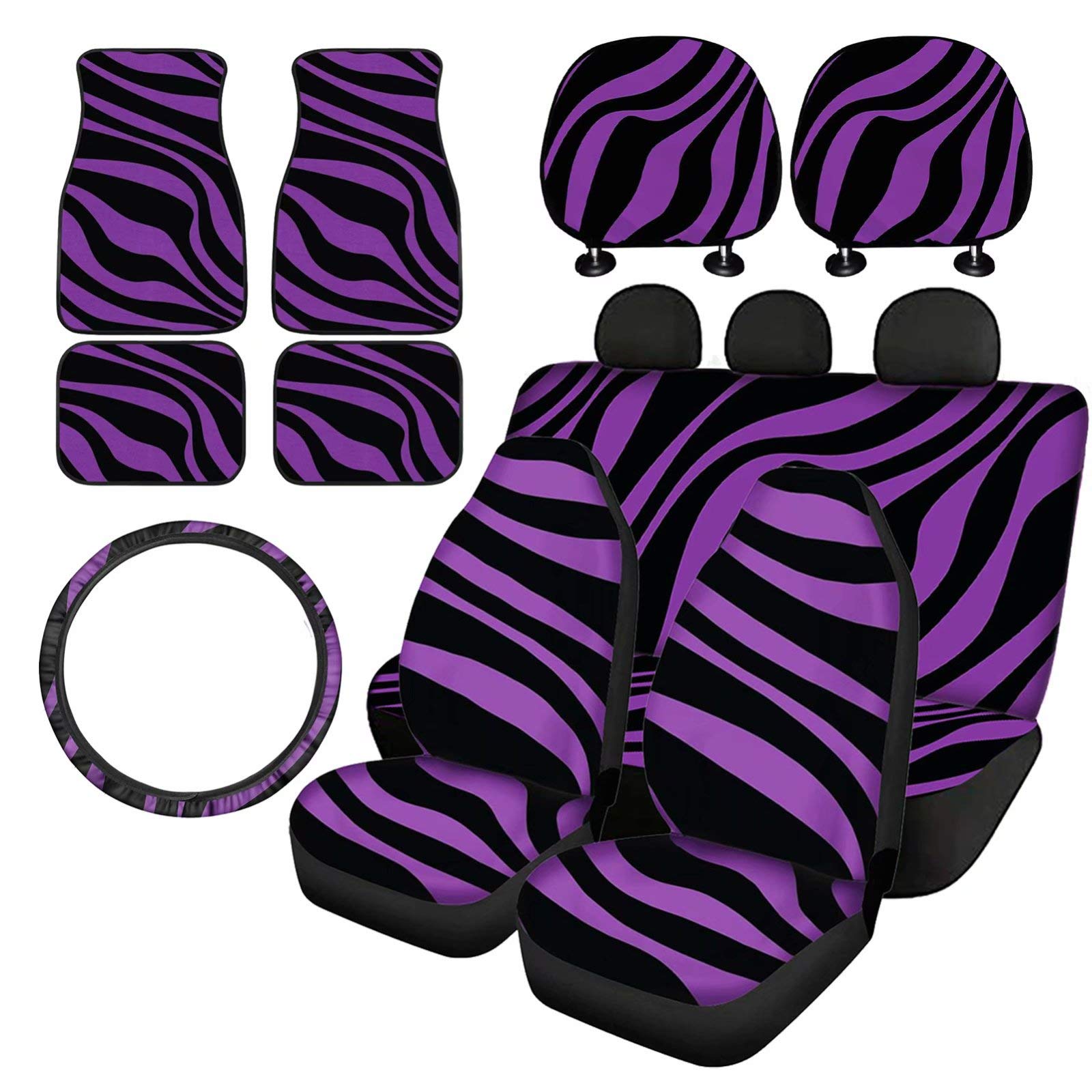 Purple Zebra Stripes Car Seat Covers Full Set - Universal Fit Front & Rear Bench Seat Protector with Steering Wheel Cover & Floor Mats | Easy to Install | Perfect for SUVs, Sedans & Trucks | Enhance Comfort & Style