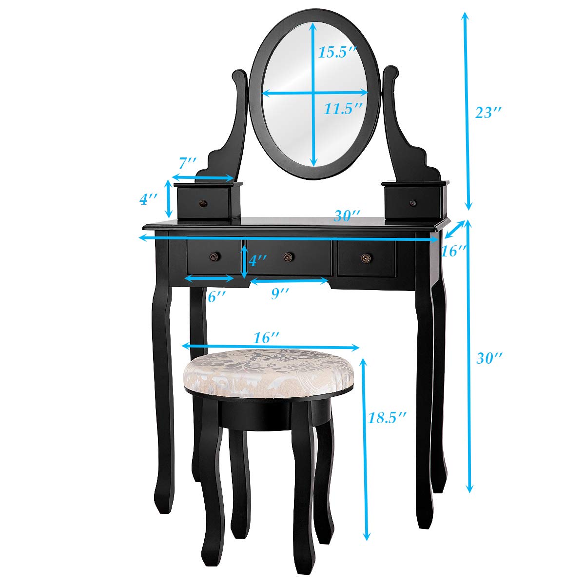 CHARMAID Vanity Set with 360° Rotatable Oval Mirror - Modern Makeup Dressing Table with Cushioned Stool for Women & Girls Bedroom, Black - Perfect for Makeup Application, Skincare Routine & Dressing Area