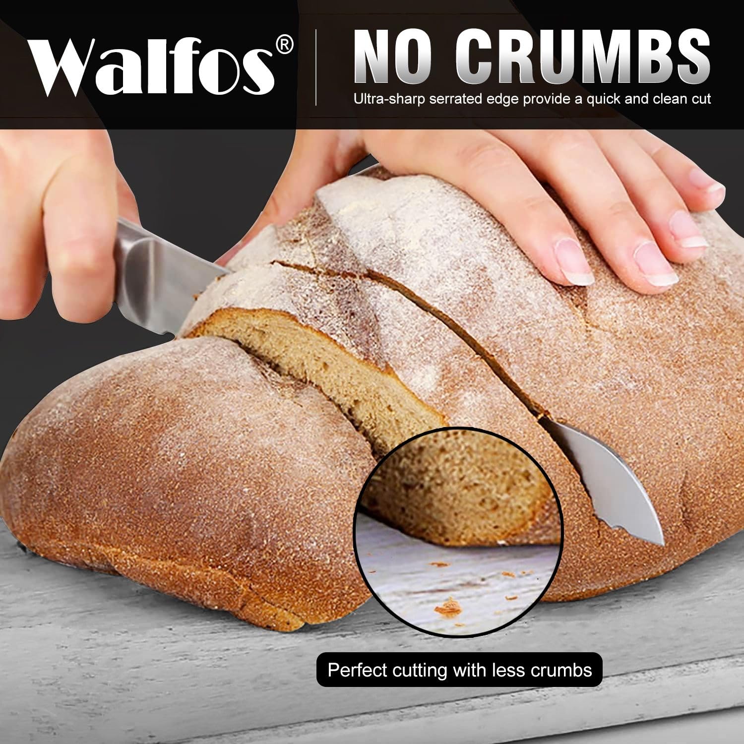 Walfos 8-Inch Stainless Steel Serrated Bread Knife - Ultra Sharp Kitchen Knife with Ergonomic Handle for Slicing Bread, Bagels, Cakes - Perfect for Home Baking, Restaurant Use & Gift Giving