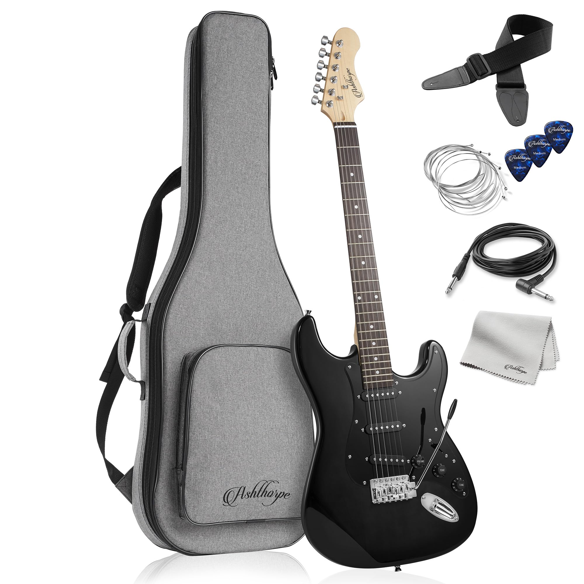 Ashthorpe 39-Inch Full-Size Electric Guitar Kit (Black) - Includes Padded Gig Bag, Tremolo Bar, Strap, Strings, Cable, Cloth & Picks - Perfect for Beginners, Practice & Live Performances