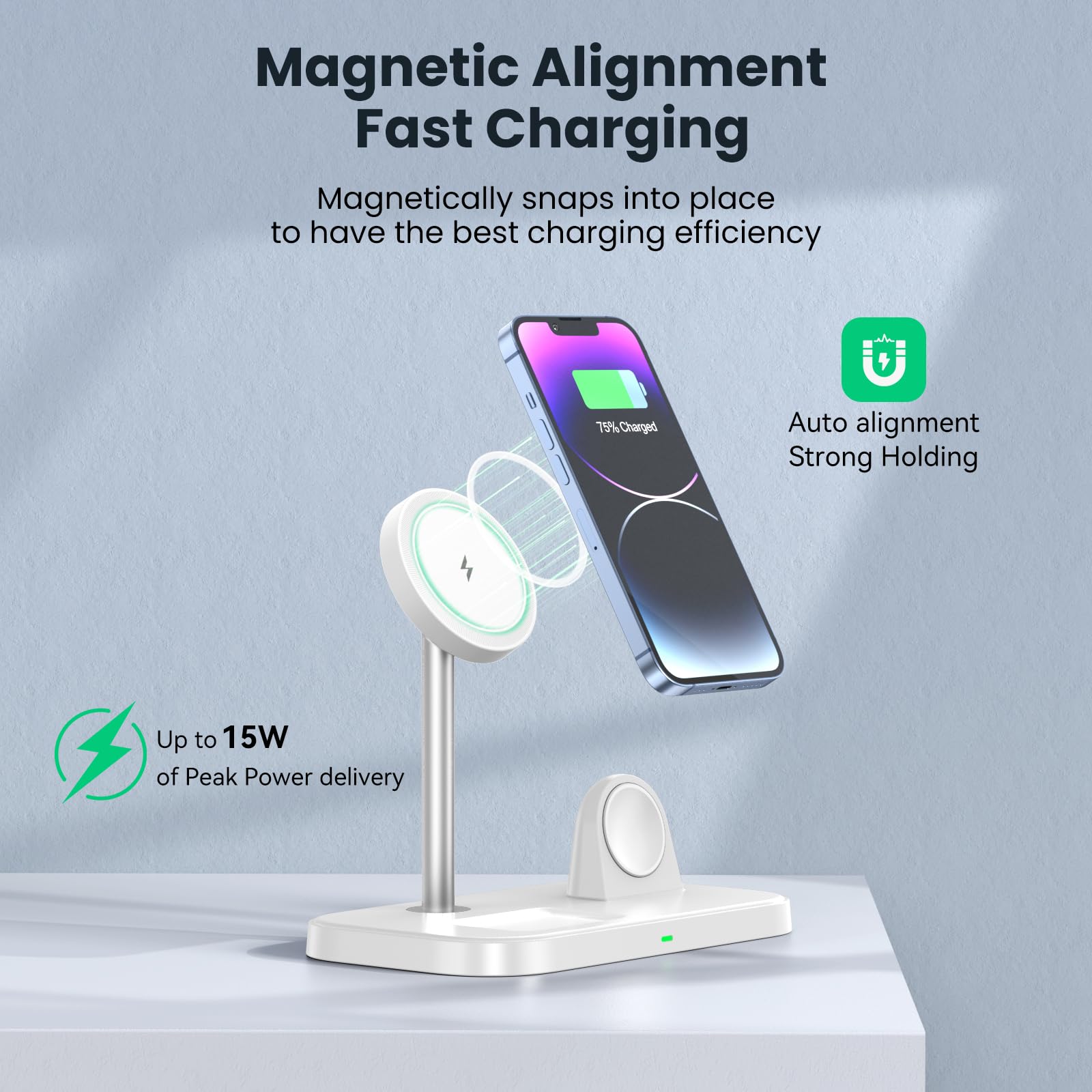 3 in 1 Wireless Charging Station for iPhone 15/14/13/12 Series, Apple Watch Series 1-9 & AirPods - MagSafe Compatible Fast Charger Stand with 30W Adapter - Perfect for Home, Office & Travel (White)