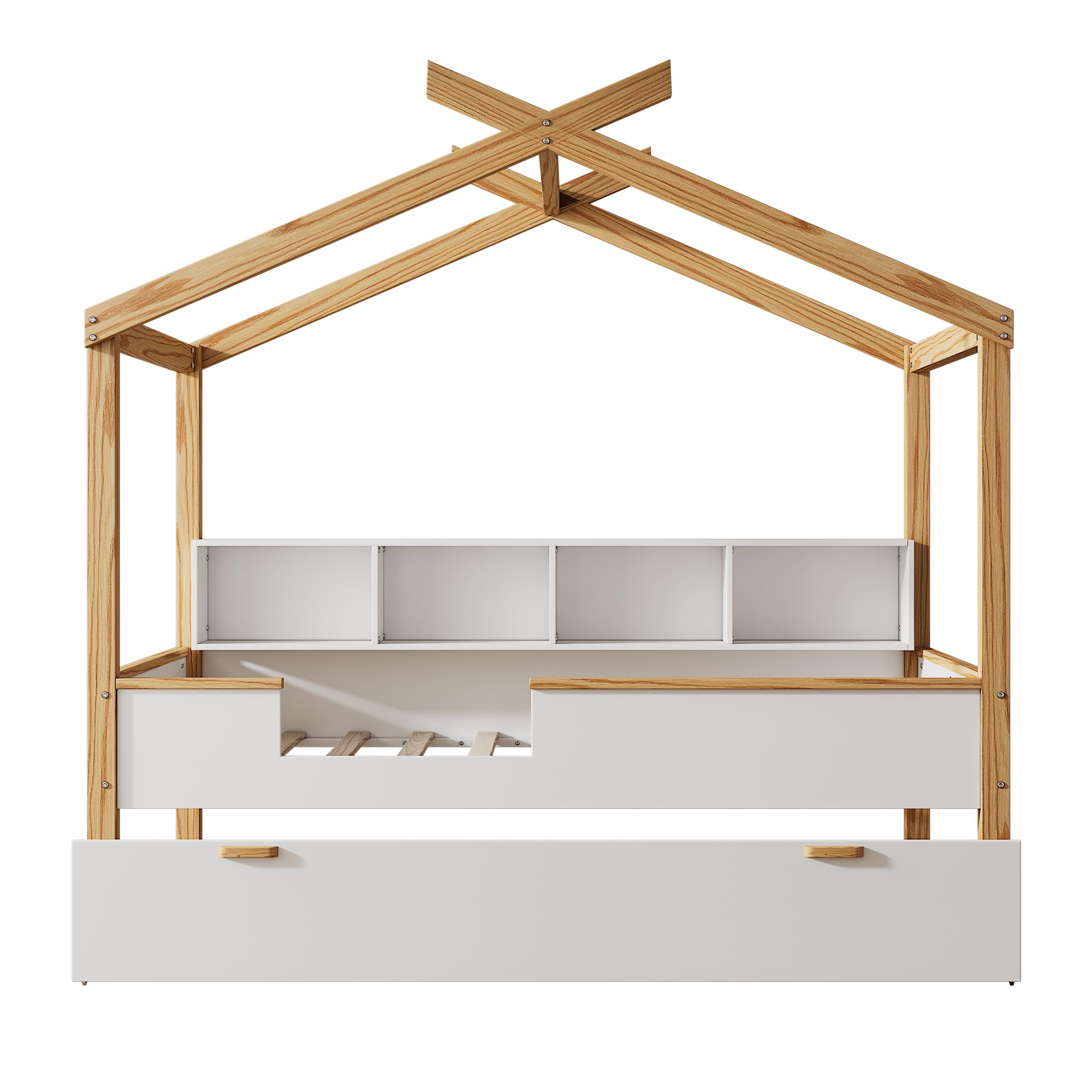 Natural Wood Kids Trundle Bed with Bookshelf - Montessori Toddler House Bed for Boys & Girls, Full Size White Children's Bed - Perfect for Small Bedrooms, Playrooms & Montessori Learning Spaces