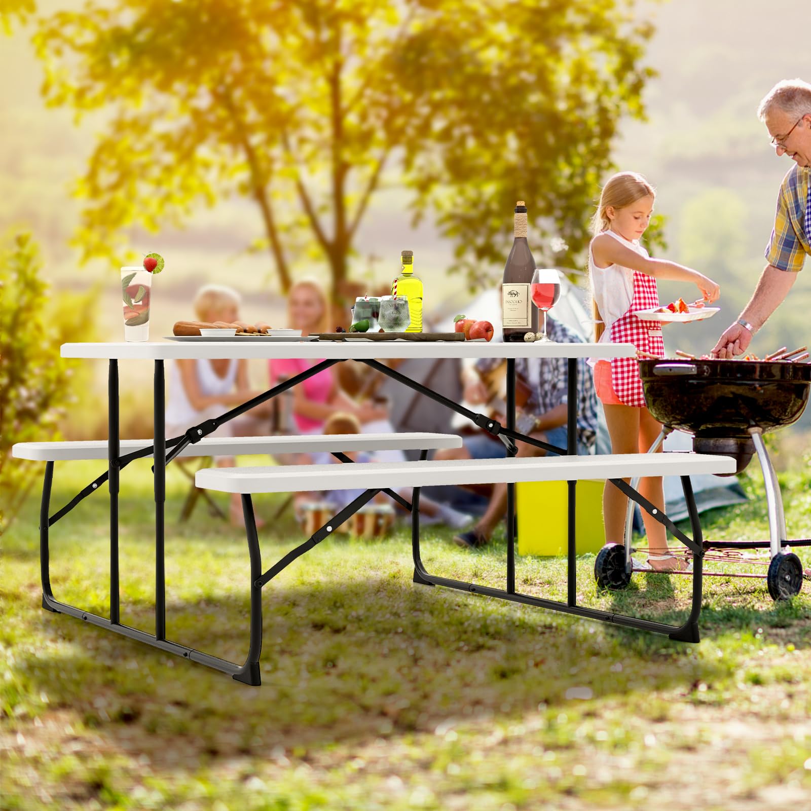 Tangkula Folding Picnic Table with 2 Benches - Portable Outdoor Camping Table Set with Wood-Like Plastic Tabletop & Sturdy Steel Frame - Foldable for Picnics, BBQs, Parties, Camping & Backyard Gatherings (White)