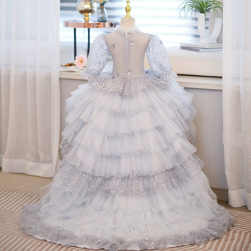 Elegant Grey Princess Round Tulle Flower Girl Dress for Weddings & Special Occasions