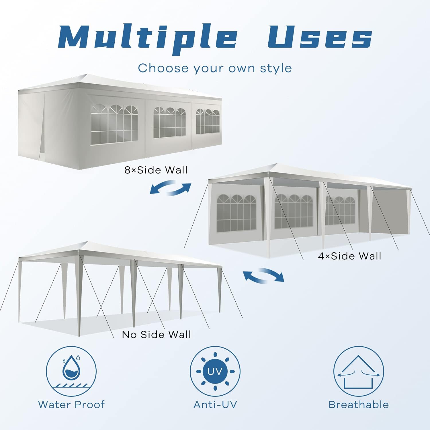 10'x30' Heavy Duty Waterproof Party Tent with UV Protection & 8 Removable Sidewalls - Outdoor Gazebo Canopy Pavilion for Weddings, Camping, Backyard Events & Picnic Shelter (White)