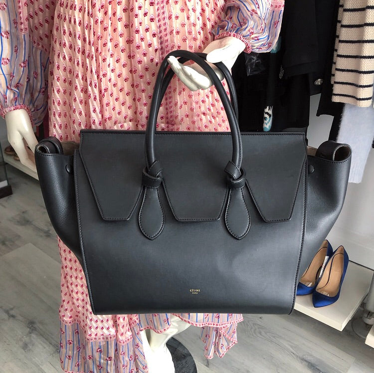 Celine Black Smooth Leather Tie Bag with Pouch - Stylish Crossbody Purse for Women, Perfect for Work, Travel & Evening Events