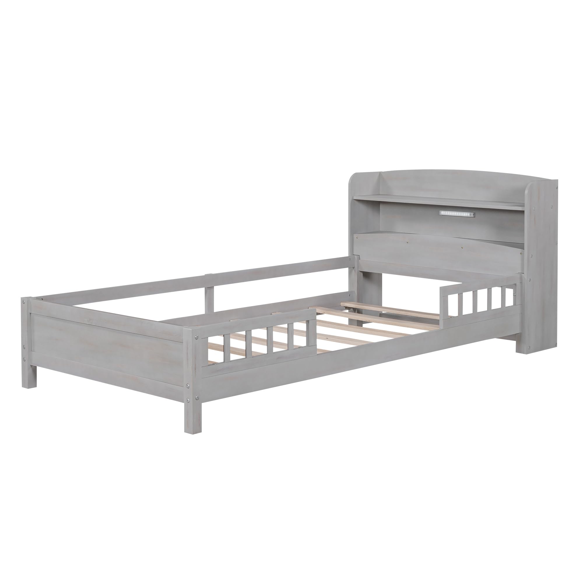 Bellemave Solid Wood Twin Bed Frame for Kids with Headboard, Footboard, Built-in LED Lights & Storage | Sturdy Gray Wooden Bed with Safety Guardrail | Perfect for Bedrooms, Daycare & Sleepovers