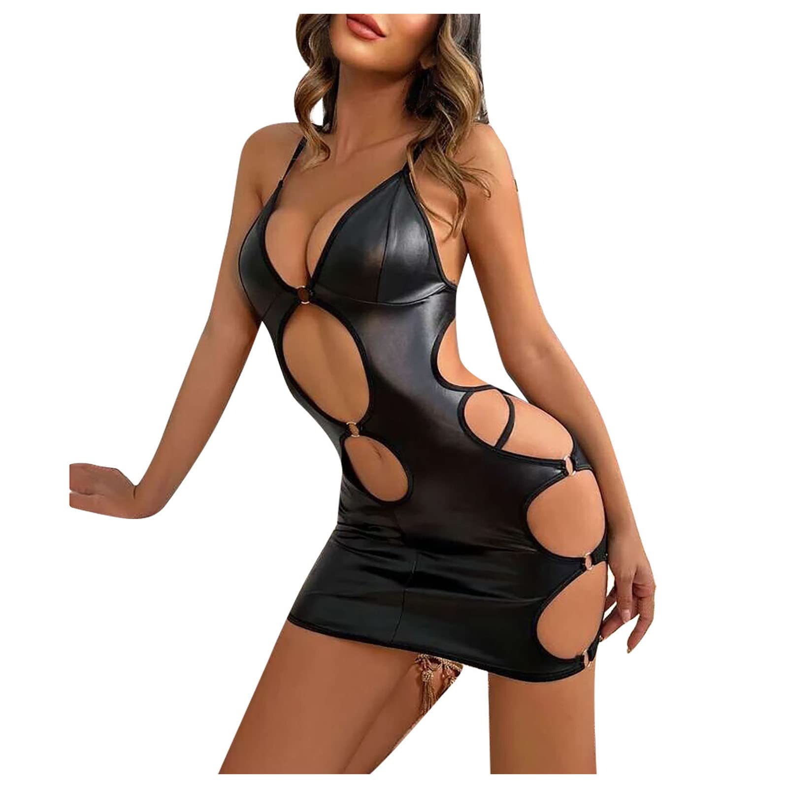 Sexy Women's Lingerie PVC Leather Teddy Bodysuit - Backless Hollow Out Babydoll One Piece for Nightclub, Boudoir & Special Occasions | Perfect for Valentine's Day, Date Night & Sensual Moments