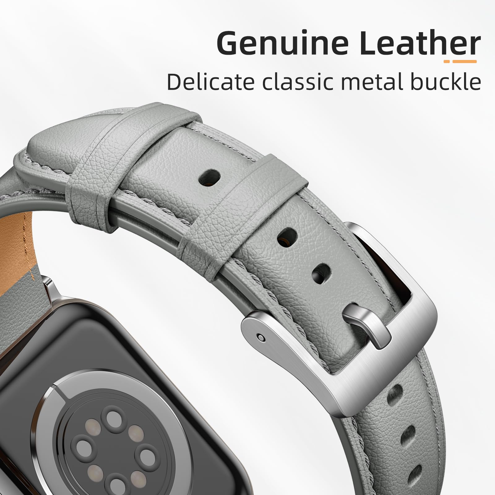 Genuine Leather Apple Watch Band 38mm 40mm 41mm - Classic Replacement Strap Compatible with Apple Watch Series 10/9/8/7/6/5/4/3/2/1/SE - Soft Comfortable Leather Watchband for Women & Men (Gray) - Perfect for Work, Gym & Everyday Wear