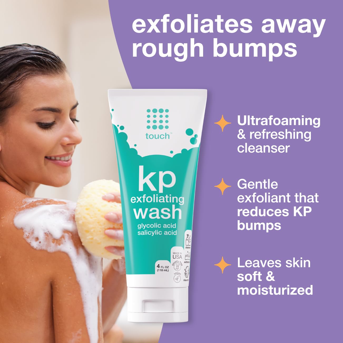 TOUCH Keratosis Pilaris Exfoliating Body Wash - 15% Glycolic Acid, Aloe Vera & Hyaluronic Acid KP Treatment - 4 oz for Dry, Bumpy Skin - Gentle Daily Cleanser for Body & Arms