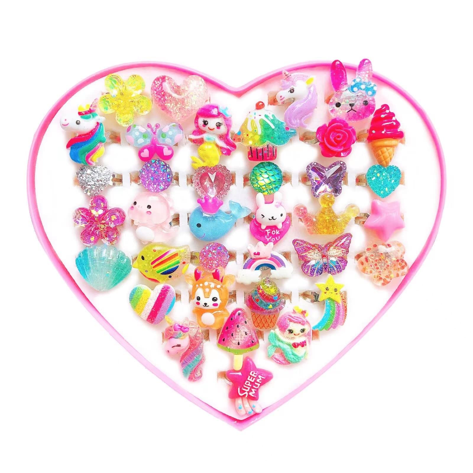 Elesa Miracle Adjustable Little Girl Jewelry Rings Set - 36pcs Pretend Play Dress Up Rings for Toddlers & Kids - Perfect Birthday Gift in Gift Box | Great for Parties, Dress-Up Games & Role Play