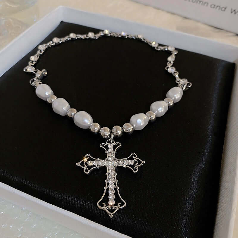 Chunky Silver Cross Necklace with Pearl Accents - Punk Style Jewelry for Women | HN2479 | Perfect for Gothic Fashion, Layering & Everyday Wear