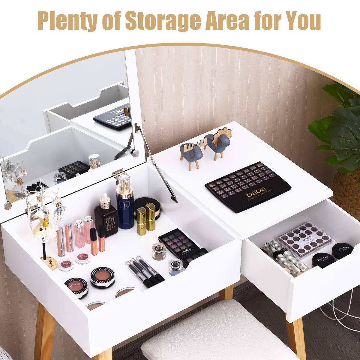 Charmaid White Wooden Vanity Table with Flip Top Mirror & Stool - Makeup Dressing Desk with Drawer & Storage Compartment - Bedroom Writing Vanity Set for Women, Girls & Kids - Easy Assembly - Perfect for Makeup, Dressing & Study Space
