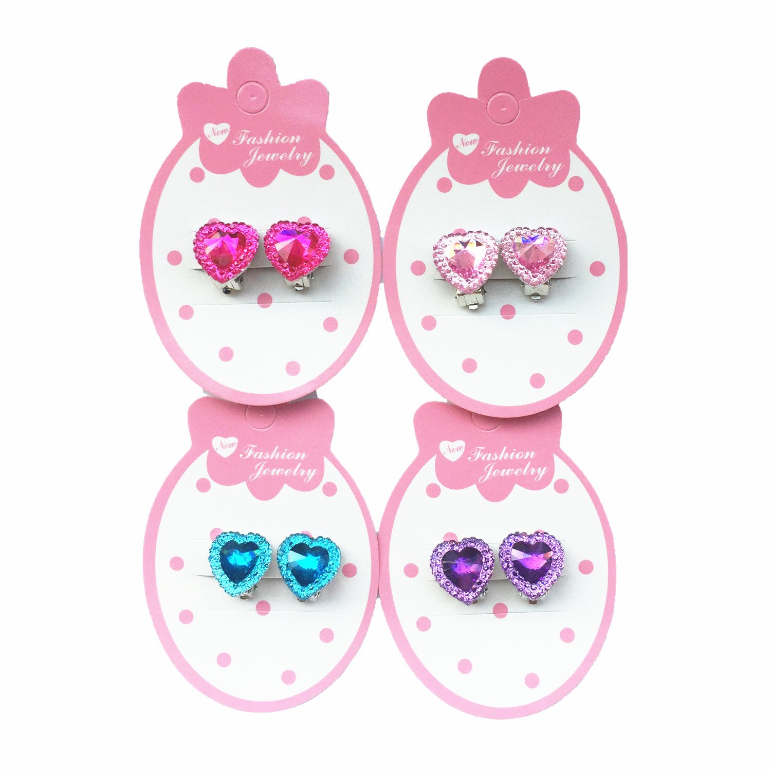OCTCHOCO 4 Pairs Shining Heart Clip-On Earrings for Girls - Cute Princess Dress Up Jewelry, Non-Piercing Party Favors for Kids - Perfect for Birthday Parties, Dress-Up Play & Special Occasions
