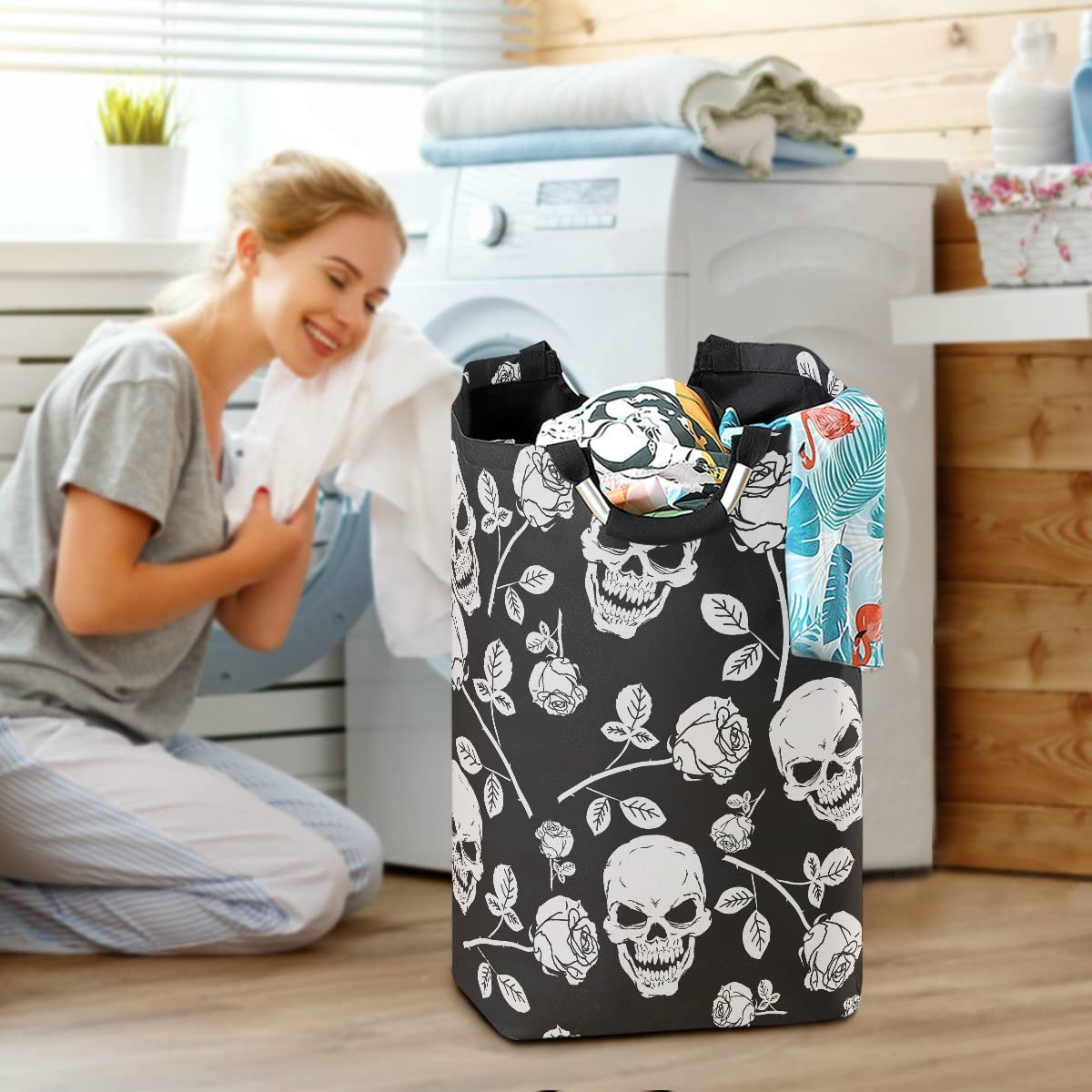 MNSRUU Foldable Laundry Bag with Handles - Skull & Rose Print Collapsible Laundry Hamper Basket for Bedroom, Bathroom Storage & Organization - Perfect for College Dorm, Travel & Home Decor