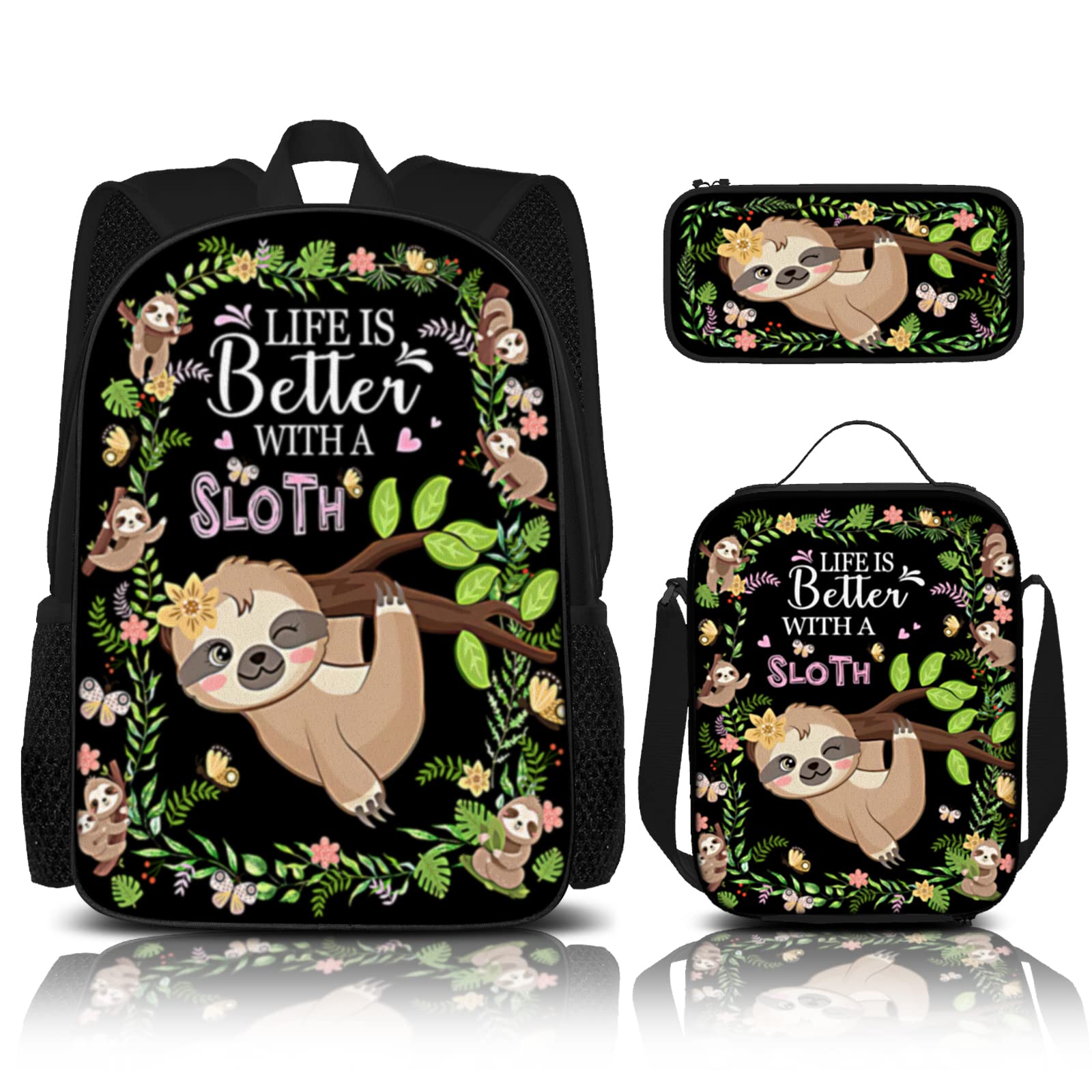 SENROLAN 3-Piece Sloth Backpack Set with Lunch Bag & Pencil Case - Cute School Backpack, Book Bag for Travel, Hiking - Perfect for Girls, Boys, Men & Women - Ideal for School, Work, Outdoor Adventures & Daily Use