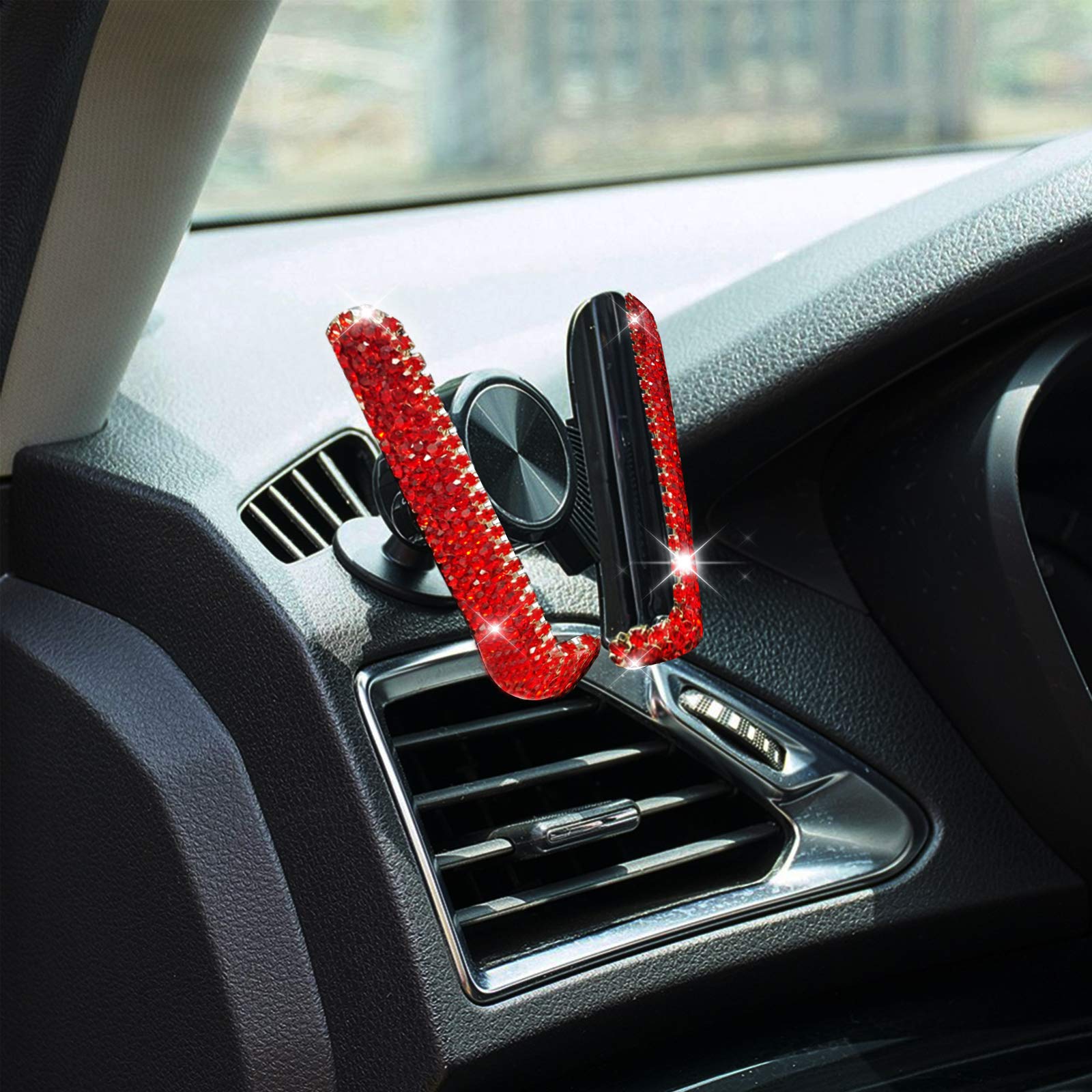 **Bling Crystal Car Phone Mount Holder - Universal Dashboard, Windshield & Air Vent Phone Stand with Free Glasses Clip - Stylish Car Accessories for Women (Red) - Perfect for Hands-Free Driving & Road Trips**