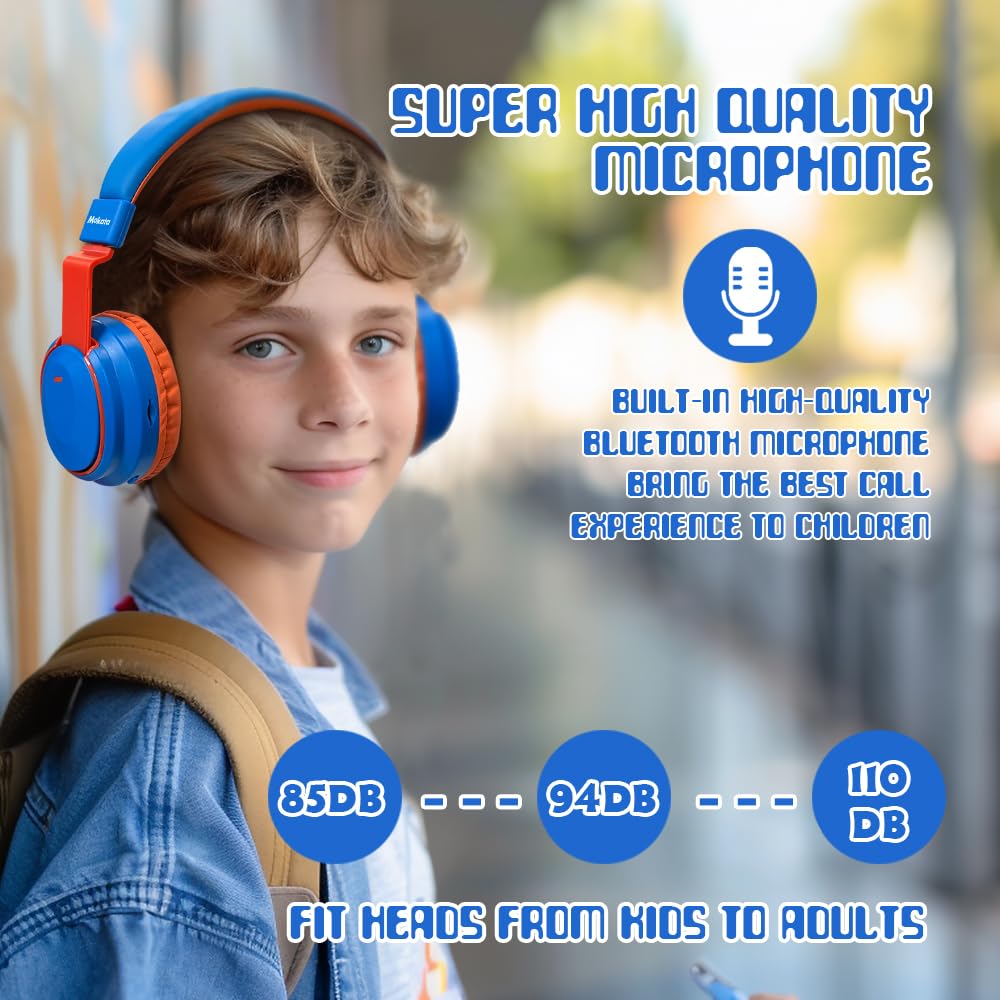 Bluetooth 5.3 Wireless Kids Headphones - 60H Playtime, Volume Limited 85/110dB, Over-Ear Foldable Design with Aux Cable & Mic - Compatible with iPad, Tablet, Notebook - Perfect for School, Travel, Home Use (Blue)