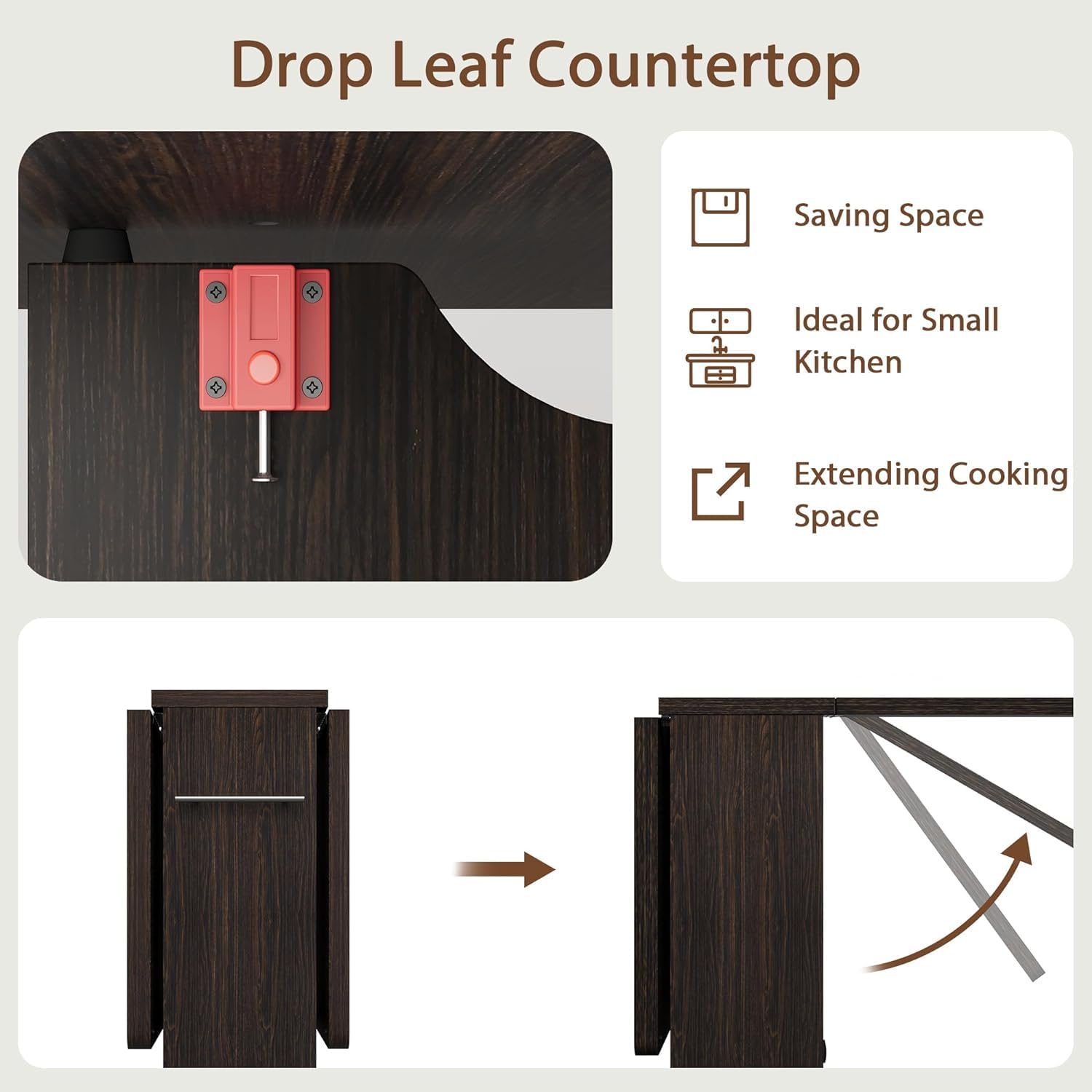 IDEALHOUSE Folding Dining Table with Drop Leaf, 6 Wheels & 2-Tier Storage Shelf - Space Saving Kitchen Table for Small Spaces, Compact Apartment & RV (Dark Walnut, 47.2