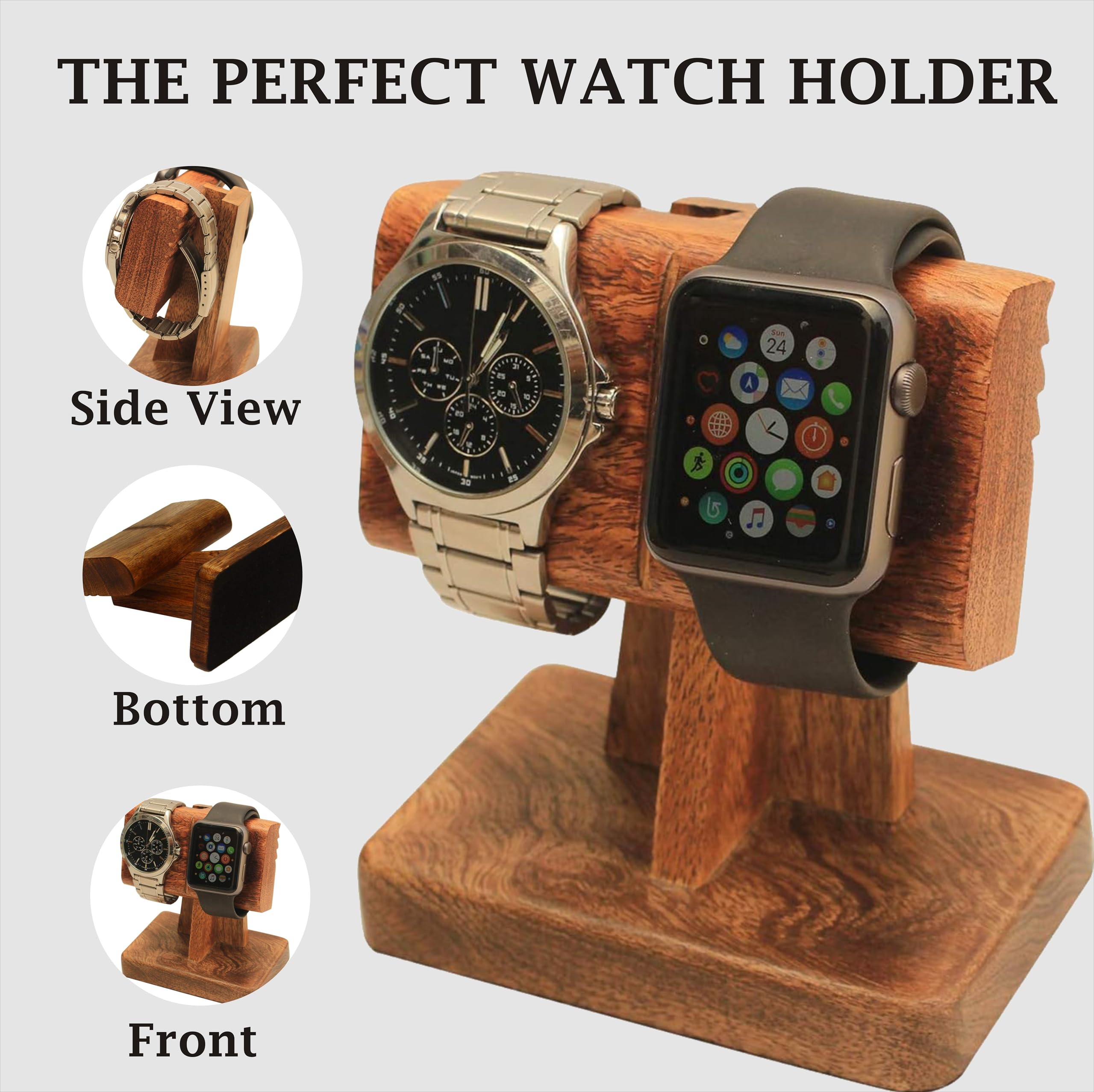 2 in 1 Watch Stand for Men & Women - Premium Watch Display Stand Organizer Fits All Watches - Perfect Gift for Mom, Dad, Grandparents - Elegant Watch Holder for Dresser, Nightstand or Office Desk