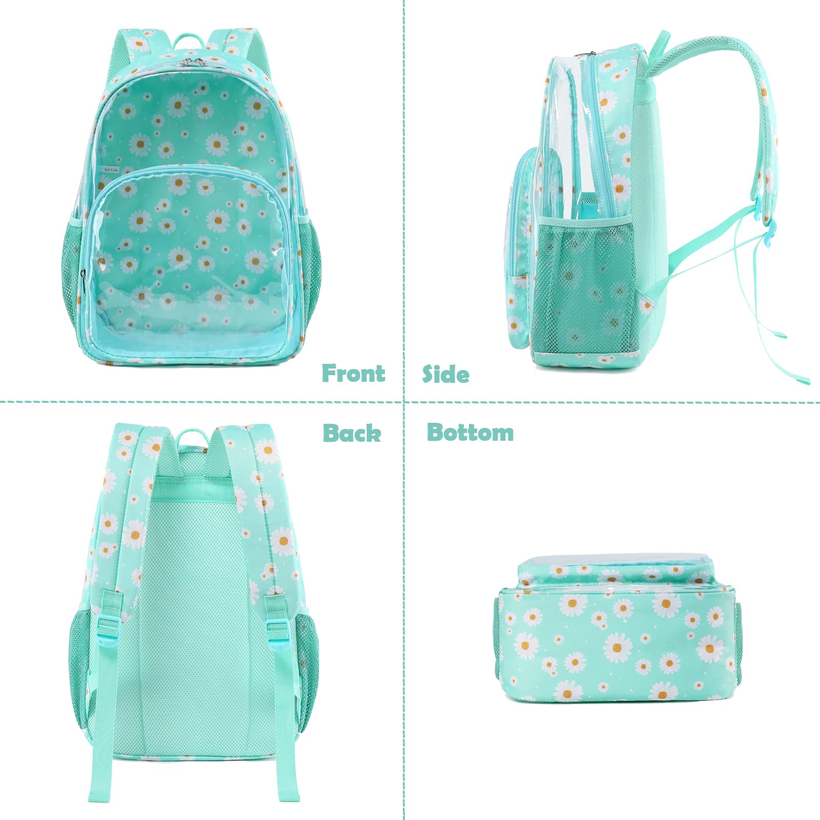 Kimwadalh Heavy Duty Clear Backpack - Green Daisy TPU Transparent Backpack for Women & Girls, Large Capacity College Backpack for Work, Travel, Beach & Swimming | Perfect for School, Concerts, Stadium Events & Airport Security