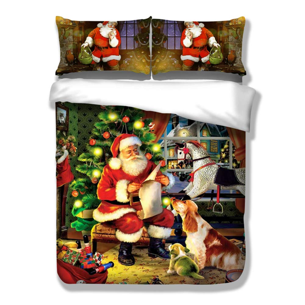 Santa Claus Christmas Duvet Cover Set with 2 Pillow Shams - King Size Santa Dog Pattern Bedding for Holiday Decor & Cozy Winter Nights