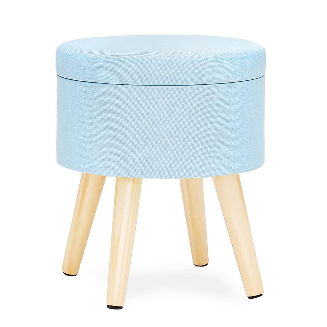 Linen Storage Ottoman with Wood Legs - Round Foot Rest Stool for Living Room, Bedroom, Office & Dorm | Multi-Functional Organizer Seat for Vanity, Closet & Home Decor | Perfect for Relaxing, Extra Storage & Stylish Home Furnishing
