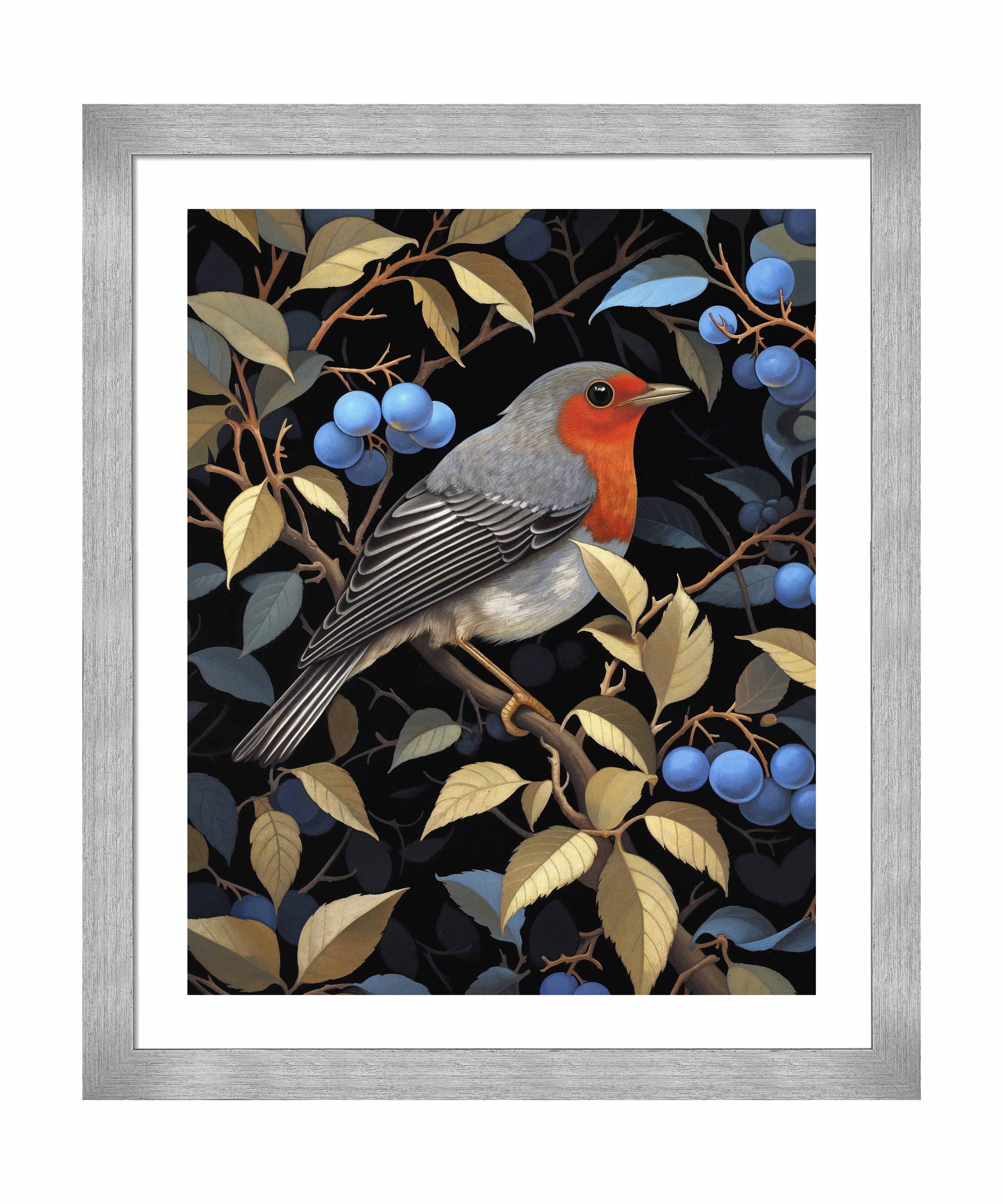 Crimson Song Robin Among Blueberries Wall Art Print - Beautiful Bird Painting for Home Decor, Living Room, Bedroom & Office