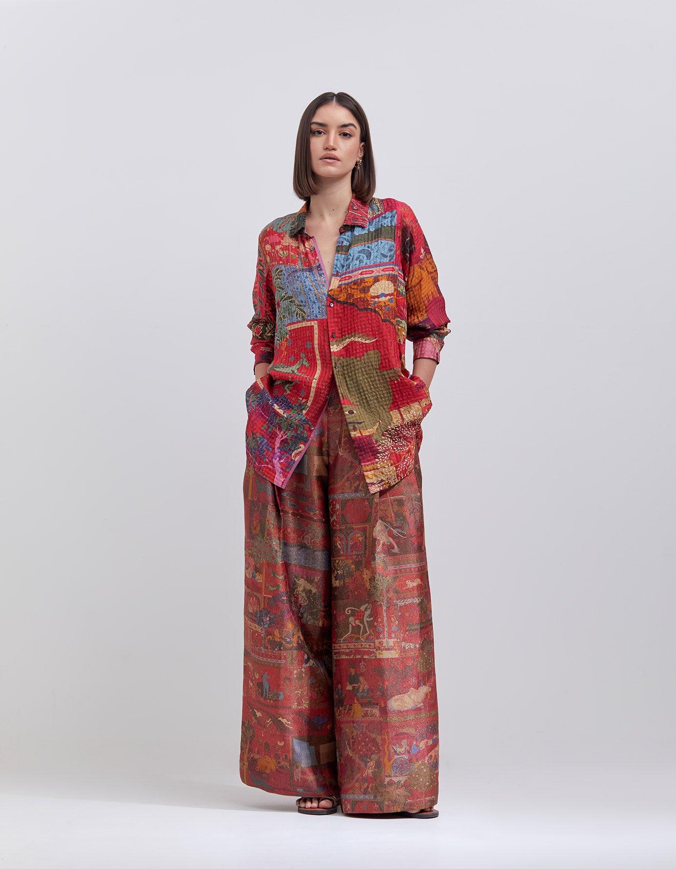Premium Oversized Silk Shirt - Classic Check Pattern in Crimson Red | Elegant & Comfortable for Work, Parties & Casual Outings
