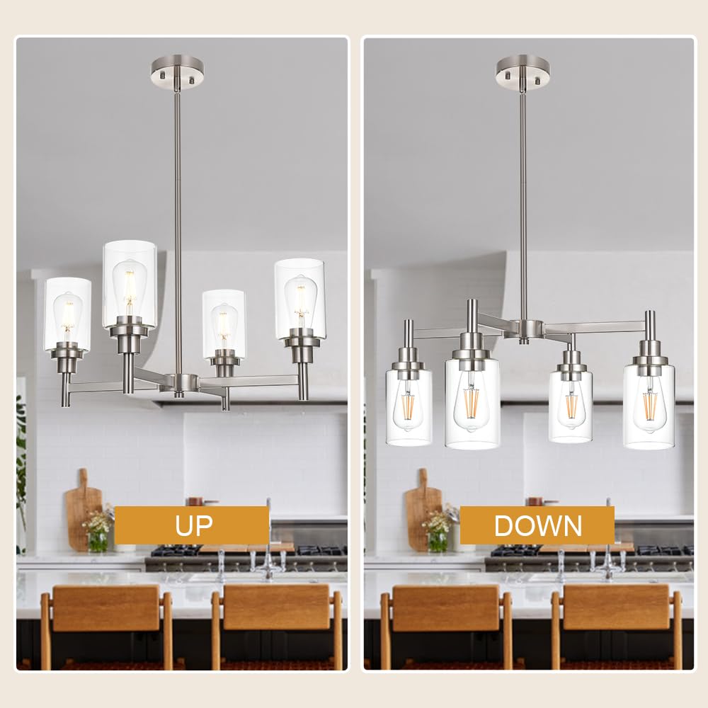 VINLUZ 4-Light Modern Chandelier - Brushed Nickel Pendant Lighting with Clear Glass Shades - Contemporary Ceiling Light Fixture for Dining Room, Kitchen & Living Room - Perfect for Home Decor, Interior Lighting and Modern Housewarming Gifts
