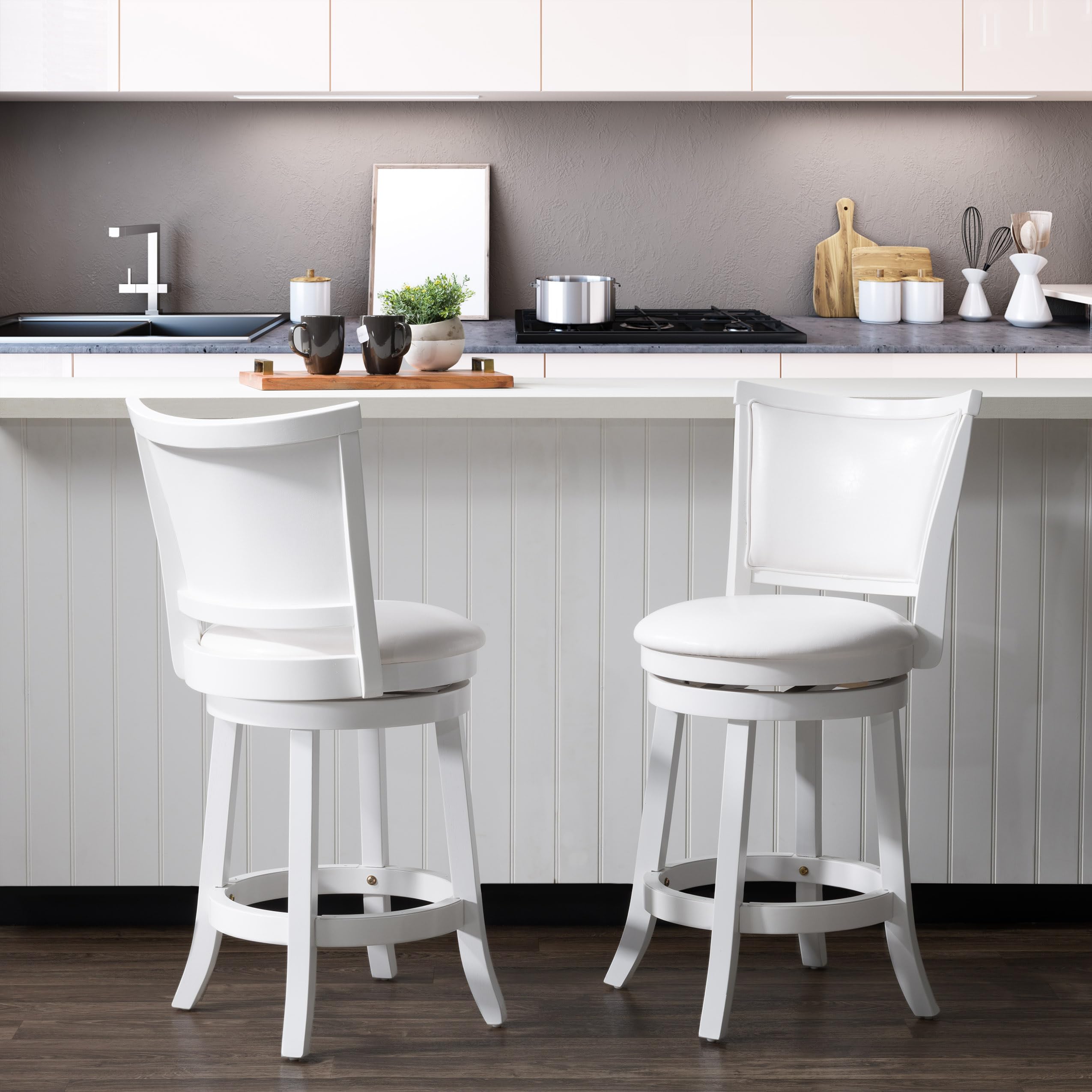 CorLiving Woodgrove White Wash Wood Barstool with Leatherette Seat, 38-Inch Height, Set of 2 - Rustic Farmhouse Style Bar Stools for Kitchen Island, Breakfast Nook, and Home Bar Decor