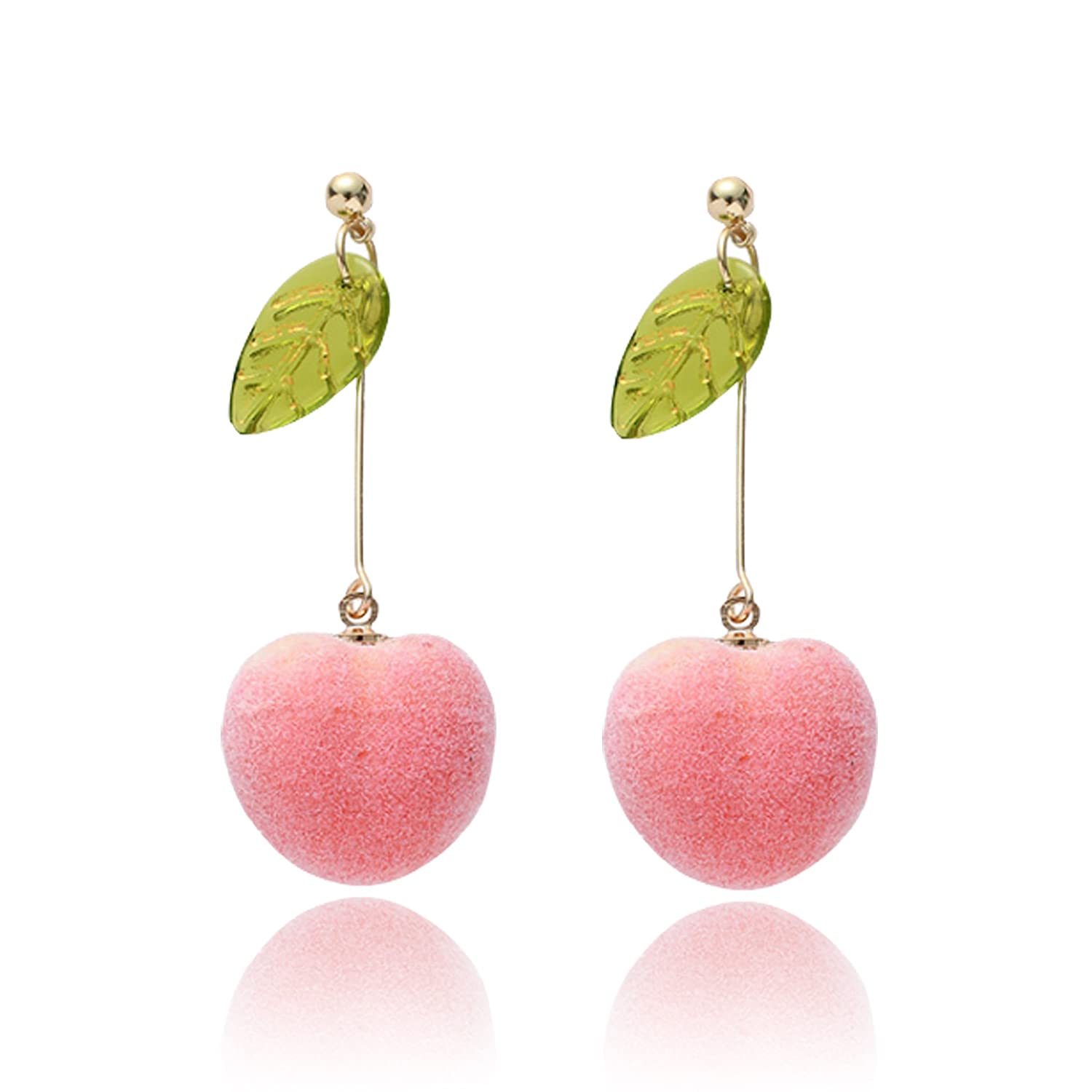 Lightweight Lifelike Pink Peach with Leaf Dangle Drop Earrings - Cute Fruit Jewelry for Women, Girls & Teens - Perfect Gift for Summer, Parties & Everyday Wear