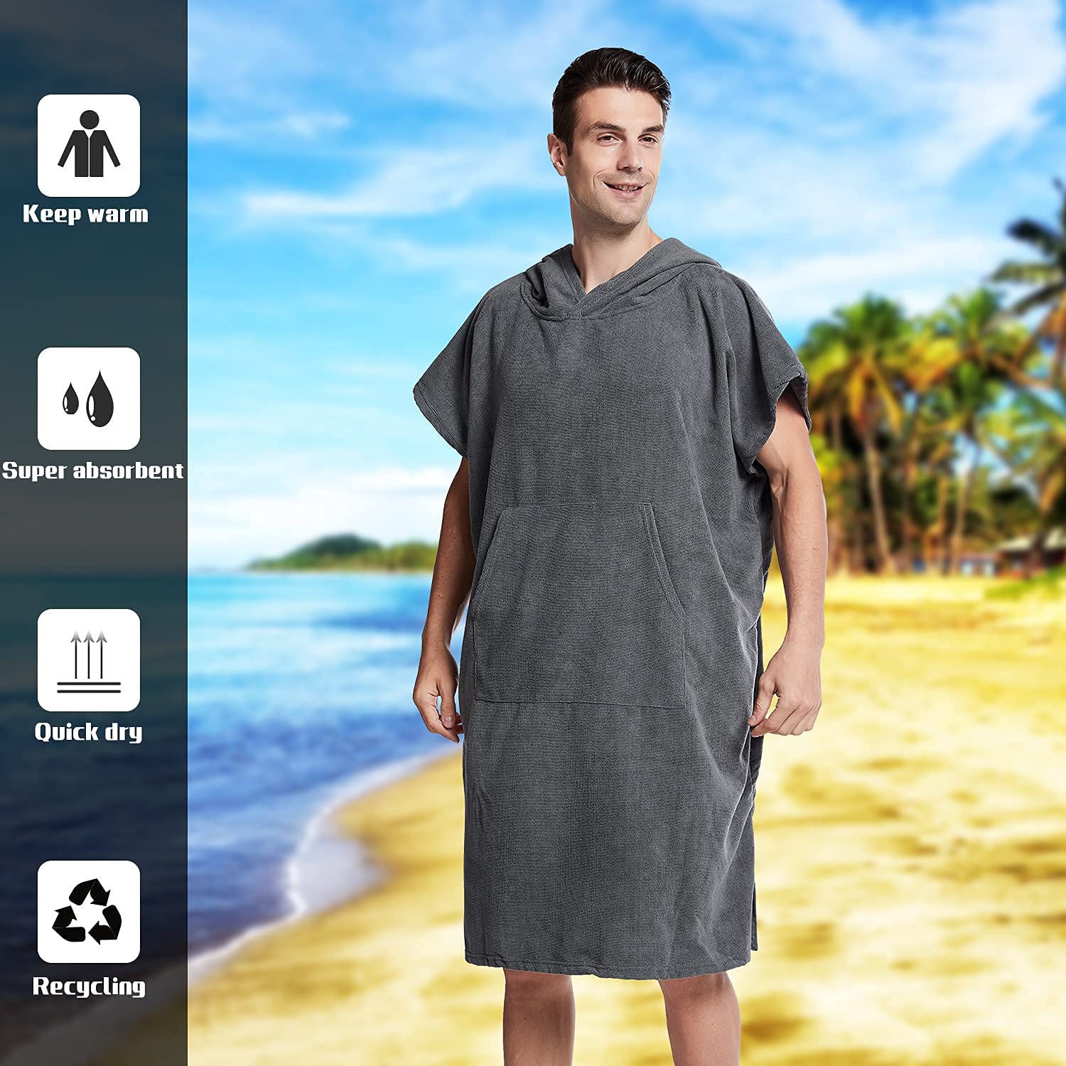 Quick Dry Microfiber Surf Poncho Changing Robe with Hood & Pocket - Waterproof Swim Changing Towel for Beach, Pool, Surfing - One Size Fits All for Men & Women