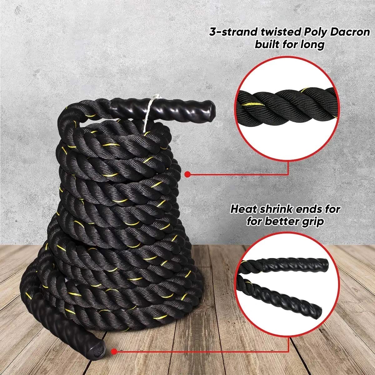 ZENY 1.5/2 Inch Battle Rope 30ft/40ft/50ft - Poly Dacron Workout Rope for Strength Training & Muscle Building - Home Gym Equipment for CrossFit, HIIT & Cardio Workouts