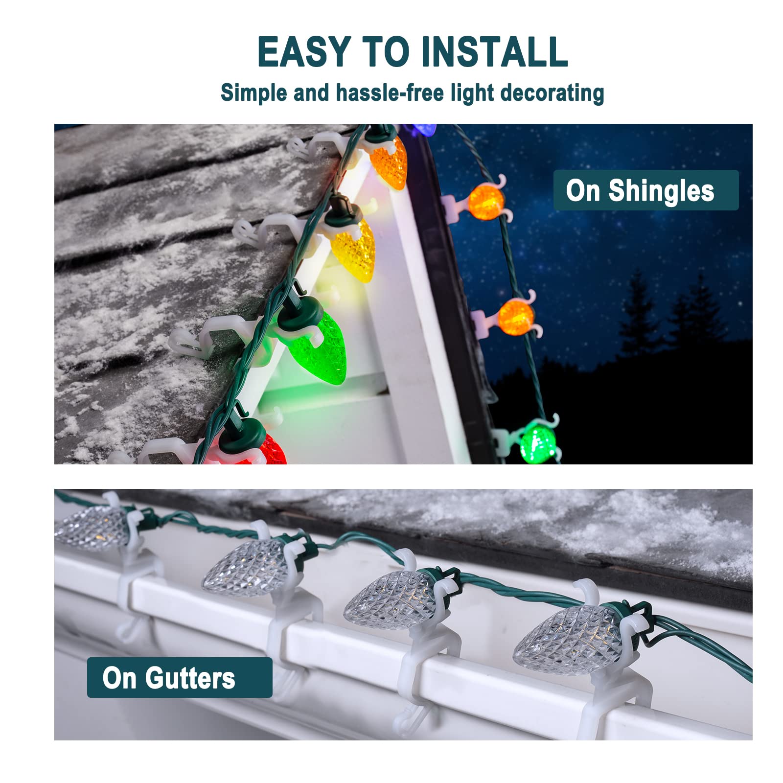 200-Pack Universal Christmas Lights Shingle Clips - Shatterproof Gutter Hooks for C7/E12, C9/E17, Mini String & Rope Lights - Perfect for Outdoor Holiday Decorations & Roof Edge Lighting