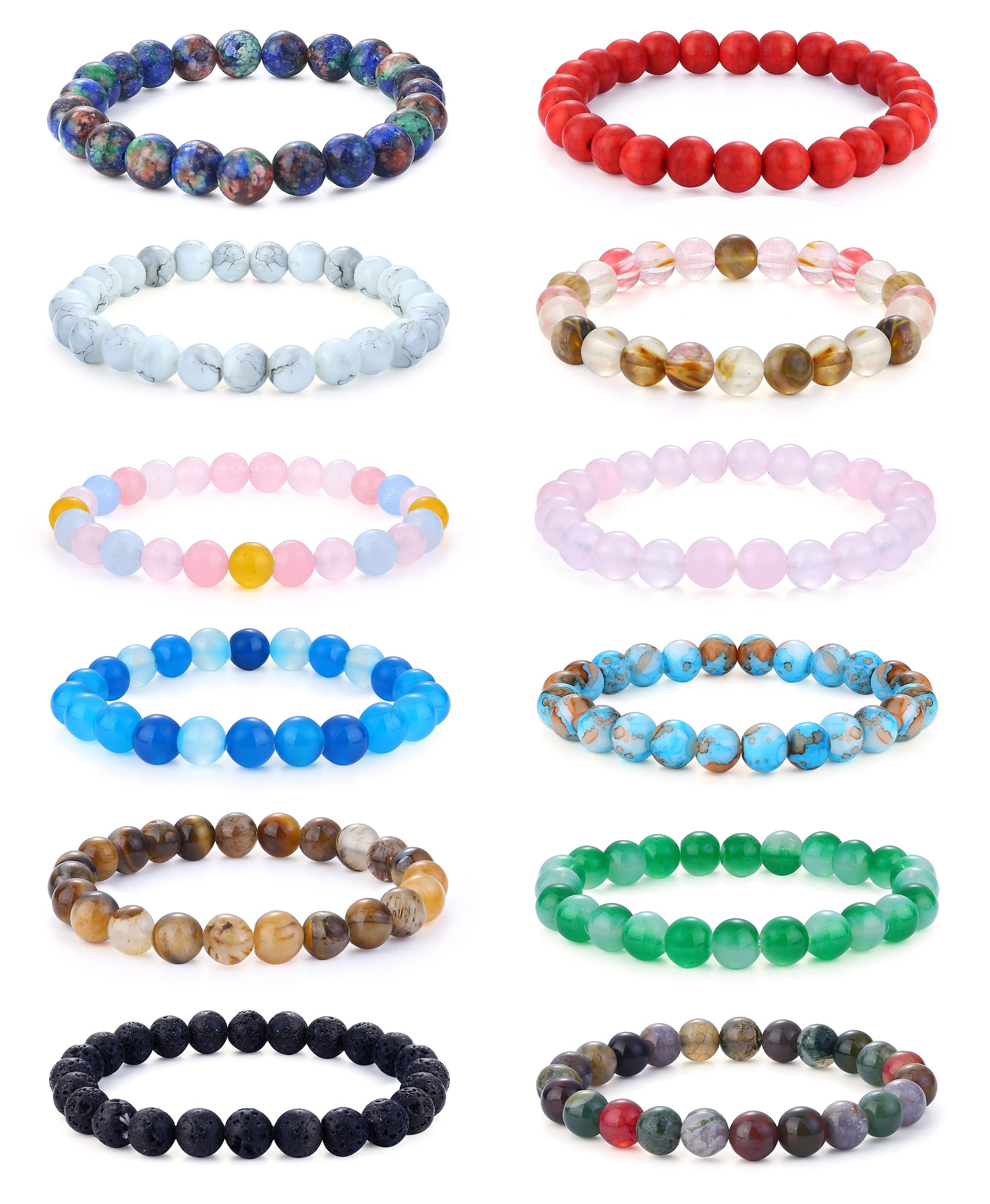 JeryWe 12 Pcs 8mm Beaded Bracelets for Women & Men - Natural Stone Stackable Stretch Bracelet Set with Healing Crystals - Boho Jewelry for Everyday Wear, Yoga & Meditation Accessories