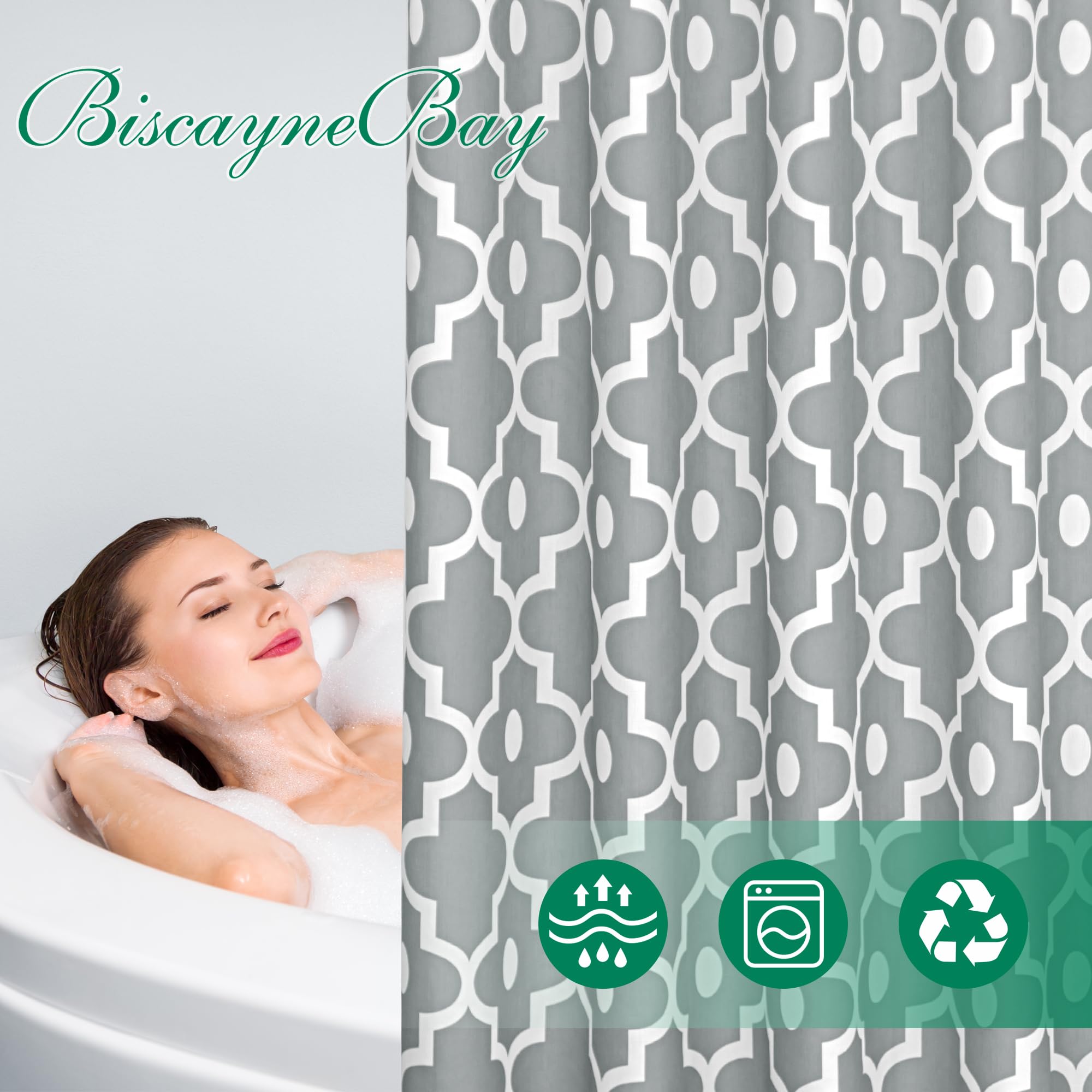 Biscaynebay Textured Fabric Shower Curtain 72x72 Inches - Silver Grey Morocco Pearl Printed Linen Bath Curtain for Modern Luxury Bathroom | Hotel Quality, Machine Washable | Perfect for Spa, Master Bath & Guest Room Decor