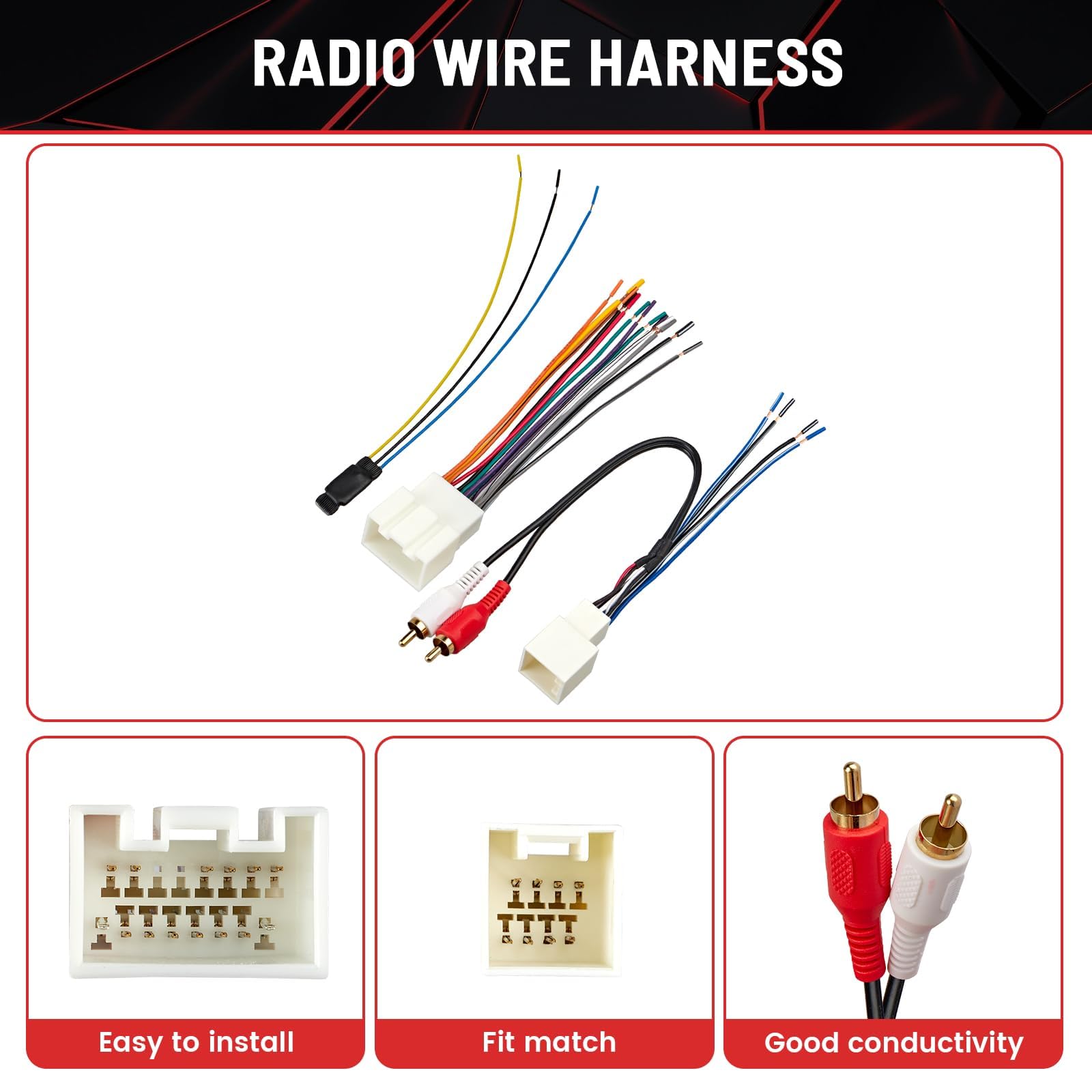 RED WOLF Car Radio Wiring Harness Kit with RCA Plug & 12V to 5V Converter - Compatible with 2000-2004 Ford Mustang/Explorer & 1999-2003 Lincoln - Perfect for Aftermarket Stereo, CD Player, Receiver & Sound System Installation - Easy DIY Upgrade for Better Audio Quality