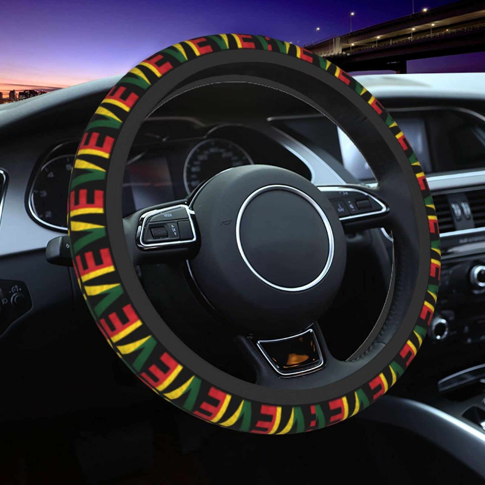 One Love Jamaican Rasta Reggae Anti-Slip Breathable Steering Wheel Cover - Universal Fit for 15 Inch Cars, SUVs & Pickup Trucks - Perfect for Road Trips, Commuting & Rasta-Themed Car Decor