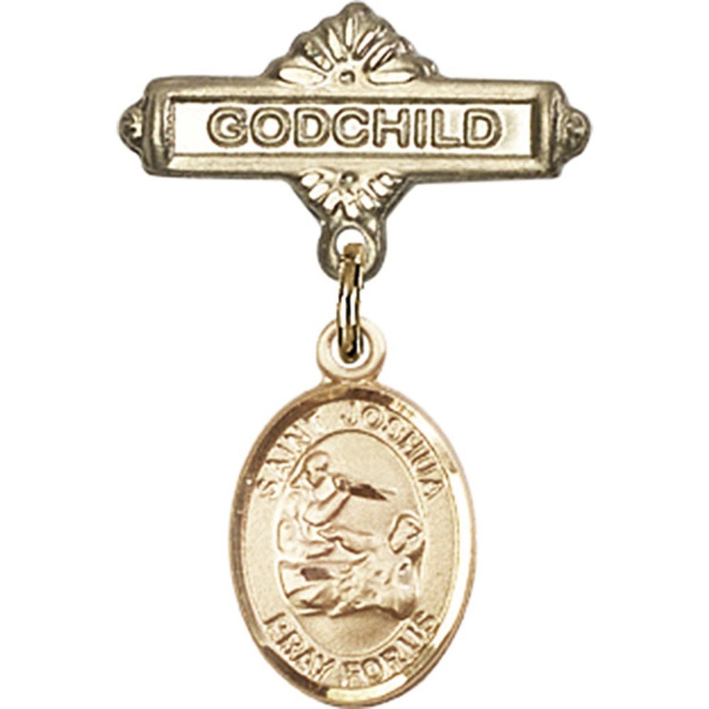 Bonyak Jewelry St. Joshua Gold Filled Saint Medal Charm - 1 X 5/8 Inch Baby Godchild Badge Pin - Religious Gifts for Baptism, First Communion & Christening Ceremonies