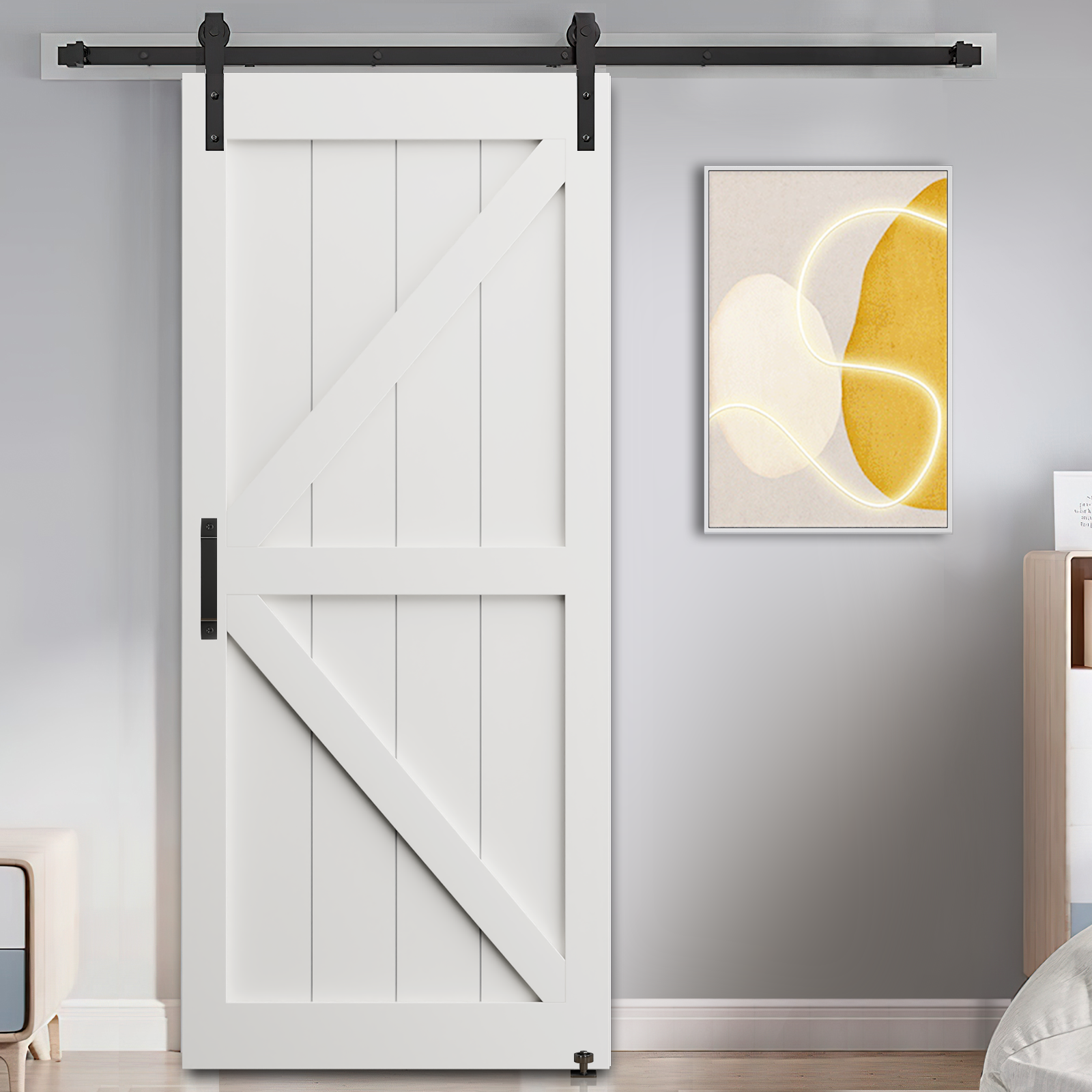 24' x 84' K-Style Primed Interior Barn Door Slab with 6.6FT Sliding Hardware Kit - Adjustable Floor Guide & Pull Handle - Unfinished DIY Panel Door for Modern Homes - Moisture Resistant - Perfect for Bedrooms, Closets, and Room Dividers
