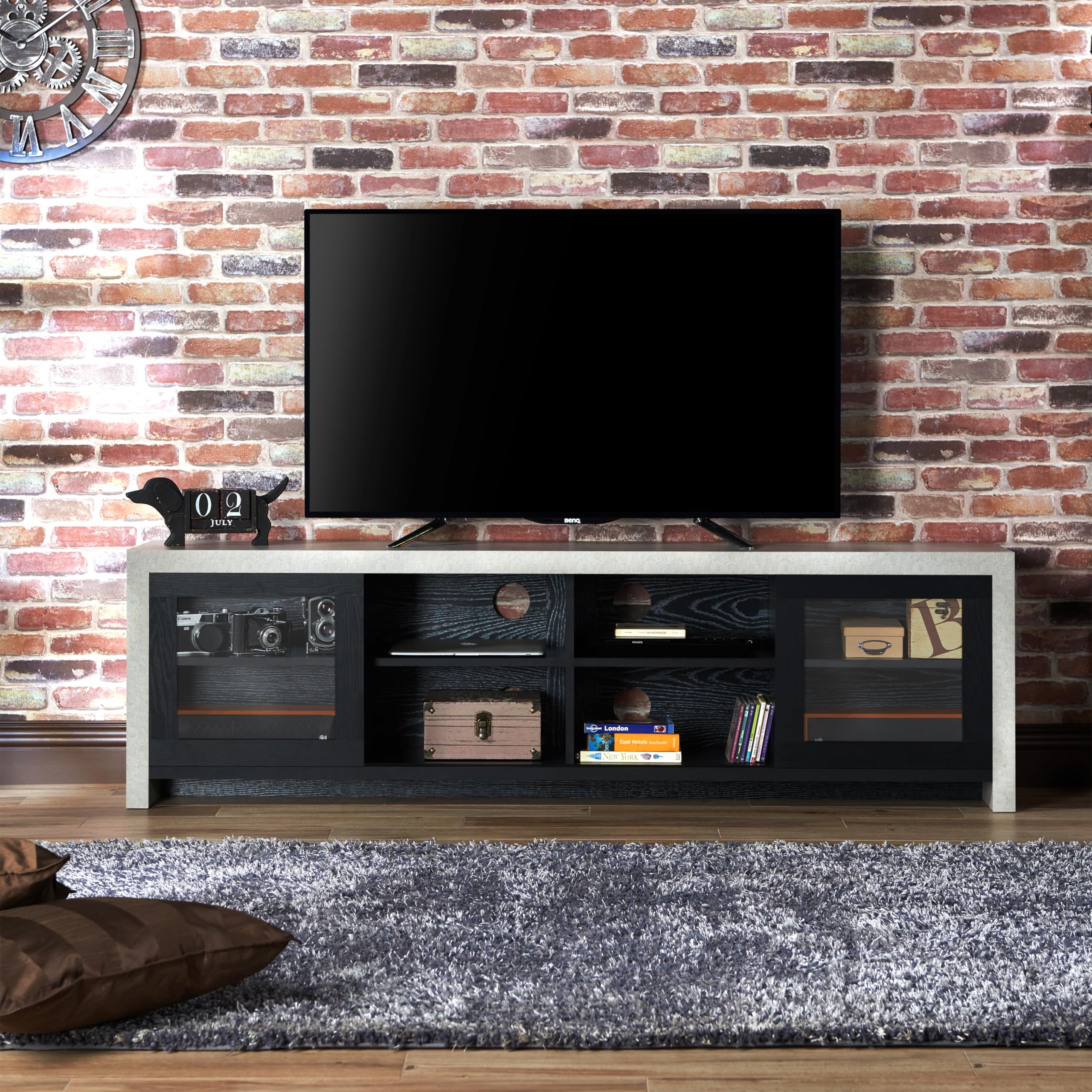 Modern Sliding Glass Door TV Stand - Black & Cement Finish - 24/7 Shop at Home Nouel - Perfect for Living Room, Bedroom & Home Theater Setup