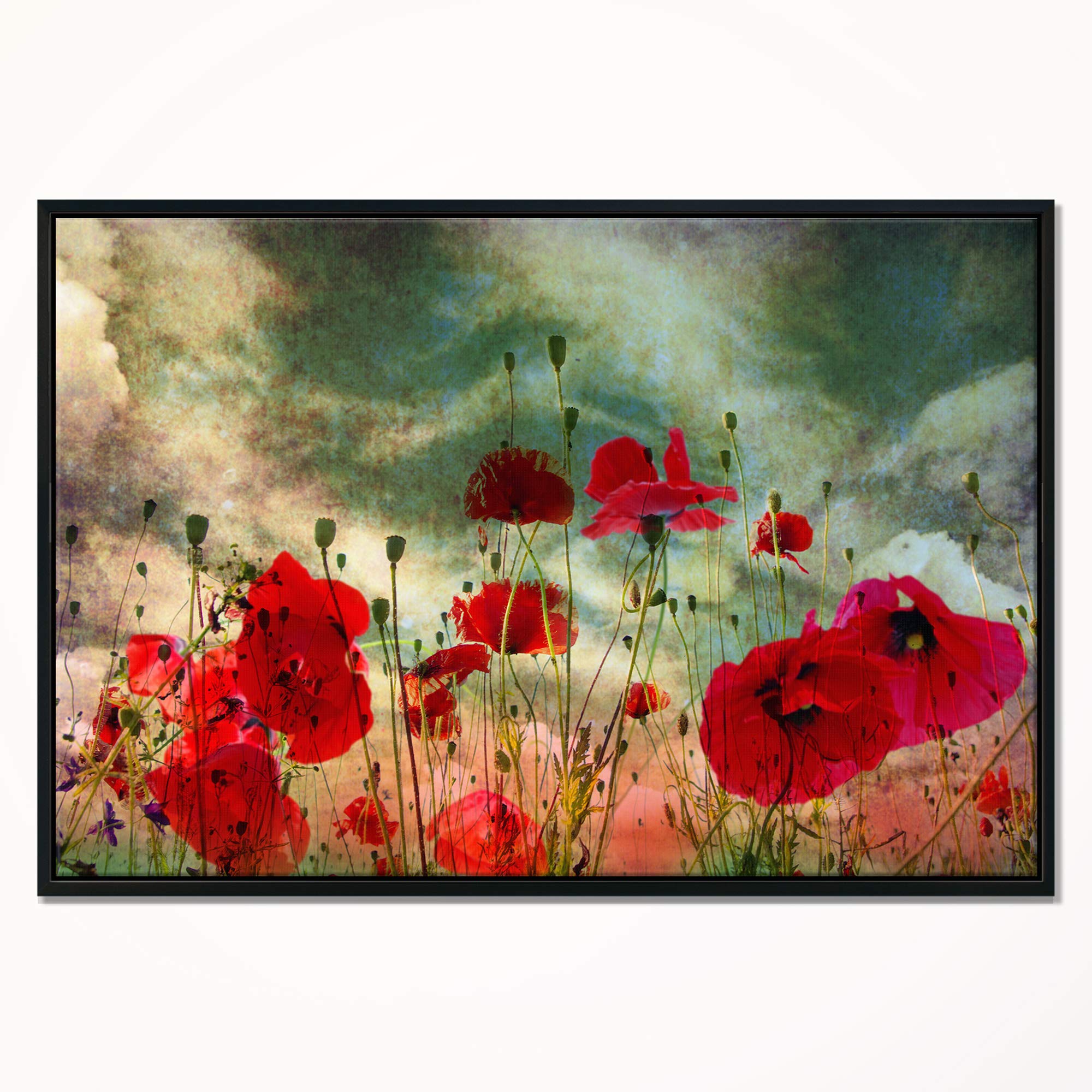DesignArt Wild Red Poppy Flowers in Sky - Floral Framed Canvas Wall Art Print for Living Room, Bedroom & Office Decor